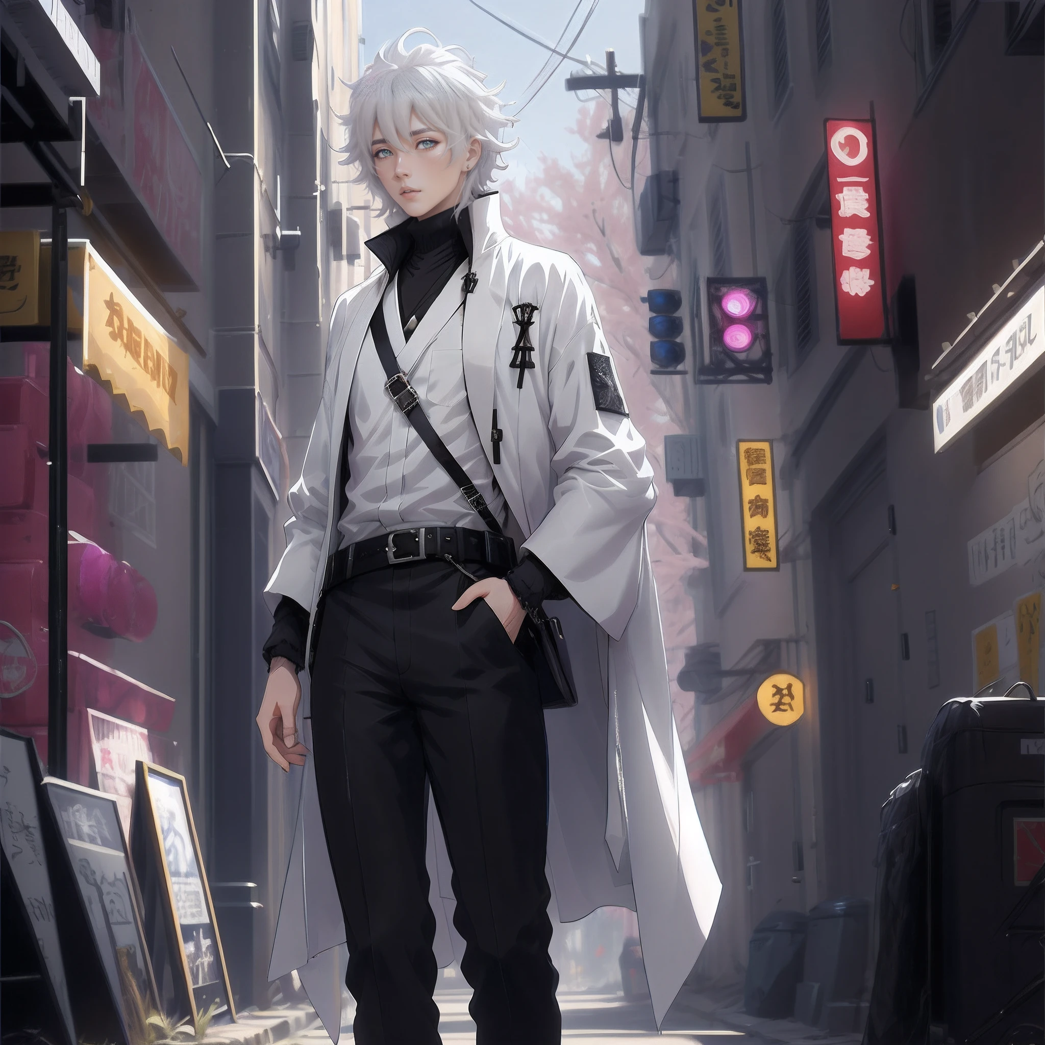 tmasterpiece，Anime lifestyle in general，Urban anime characters in white coats and black pants, A boy with，Boy characteristics，( ( wearing a long coat ) ), official character illustration, white haired Cangcang, from girls frontline, From Arknights, official character art, White-haired god, White-haired, offcial art, ((wearing aristocrat robe)), white backgrounid，White and flawless white castle，highly detailed exquisite fanart, nagito komaeda，Quantum punk