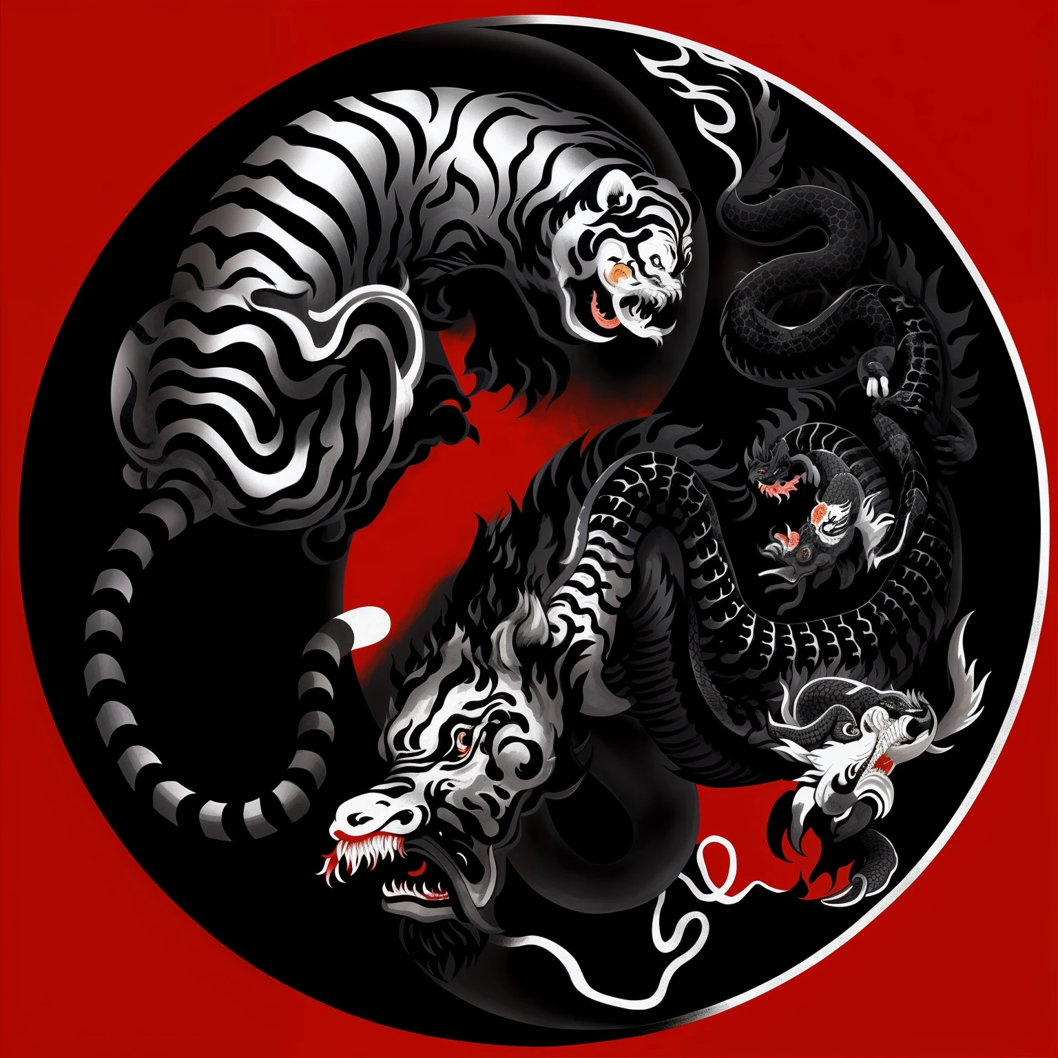 a black and white yin yin dragon and tiger, colorful, yin yin yin yin yin yin yin yin yin yin yin yin, ying and yang, black and white vector art, by Min Zhen, chinese brush pen illustration, traditional chinese art, yin yang, inspired by Wu Wei, by Wen Boren, inspired by Kanō Tan'yū, chinese dragons fighting