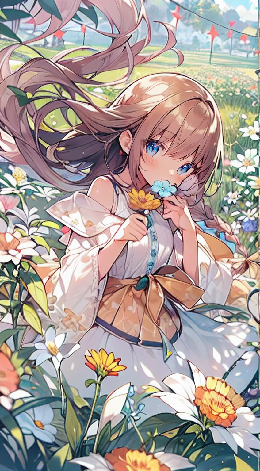 masutepiece, Best Quality,Illustration, Wallpaper, Ultra Detail, Absurd beauty、1 beautiful girl、 (Semi-long hair、short braided hair), Beautiful ultra-detailed eyes , Hair fluttering in the wind、Keep your head small、flower  field、great outdoors、Landscape of the flower garden
