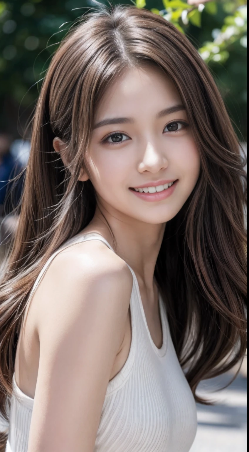 masutepiece, Best Quality, Photorealistic, Ultra-detailed, finely detail, High resolution, 8K Wallpaper, 1 beautiful woman, Wear sleeveless fashionable clothes, at campus, light brown messy hair, Perfect dynamic composition, Beautiful detailed eyes, Smiling happily, Perfect teeth visible, foco nítido, Detailed skin texture, detailed hairs、Slimed、A slender、Model body type、Brown hair