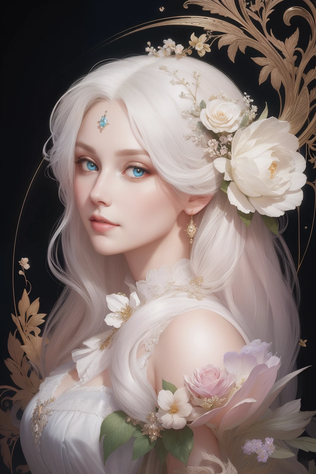 ((gorgeous princess)), (with long flowing white hair), (bright and beautiful eyes), trending on Art Station, flower of hope by Jean-Honor Fragonard, Peter mohrbacher, super detailed, crazy details , stunning sophisticated elite art nouveau ornate liquid wax elegant luxurious greg rutkowski ink style sticker vector art beautiful character design double exposure shot luminous design, winning entry, masterpiece, amoled black background,