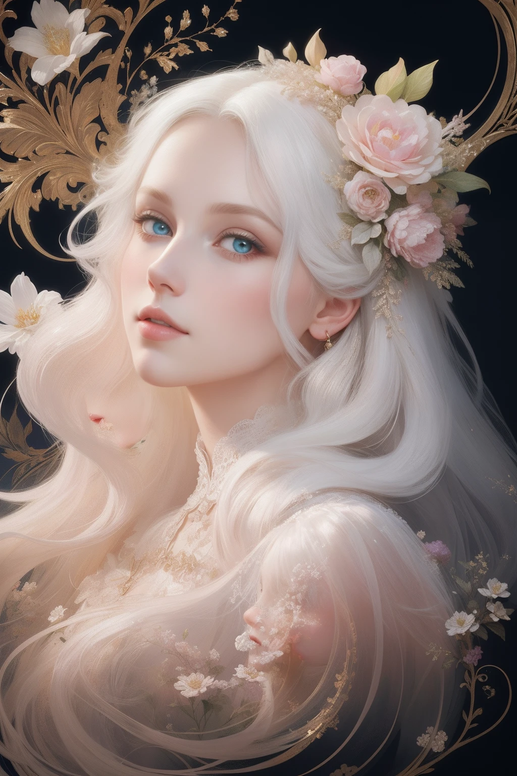 ((gorgeous princess)), (with long flowing white hair), (bright and beautiful eyes), trending on Art Station, flower of hope by Jean-Honor Fragonard, Peter mohrbacher, super detailed, crazy details , stunning sophisticated elite art nouveau ornate liquid wax elegant luxurious greg rutkowski ink style sticker vector art beautiful character design double exposure shot luminous design, winning entry, masterpiece, amoled black background,