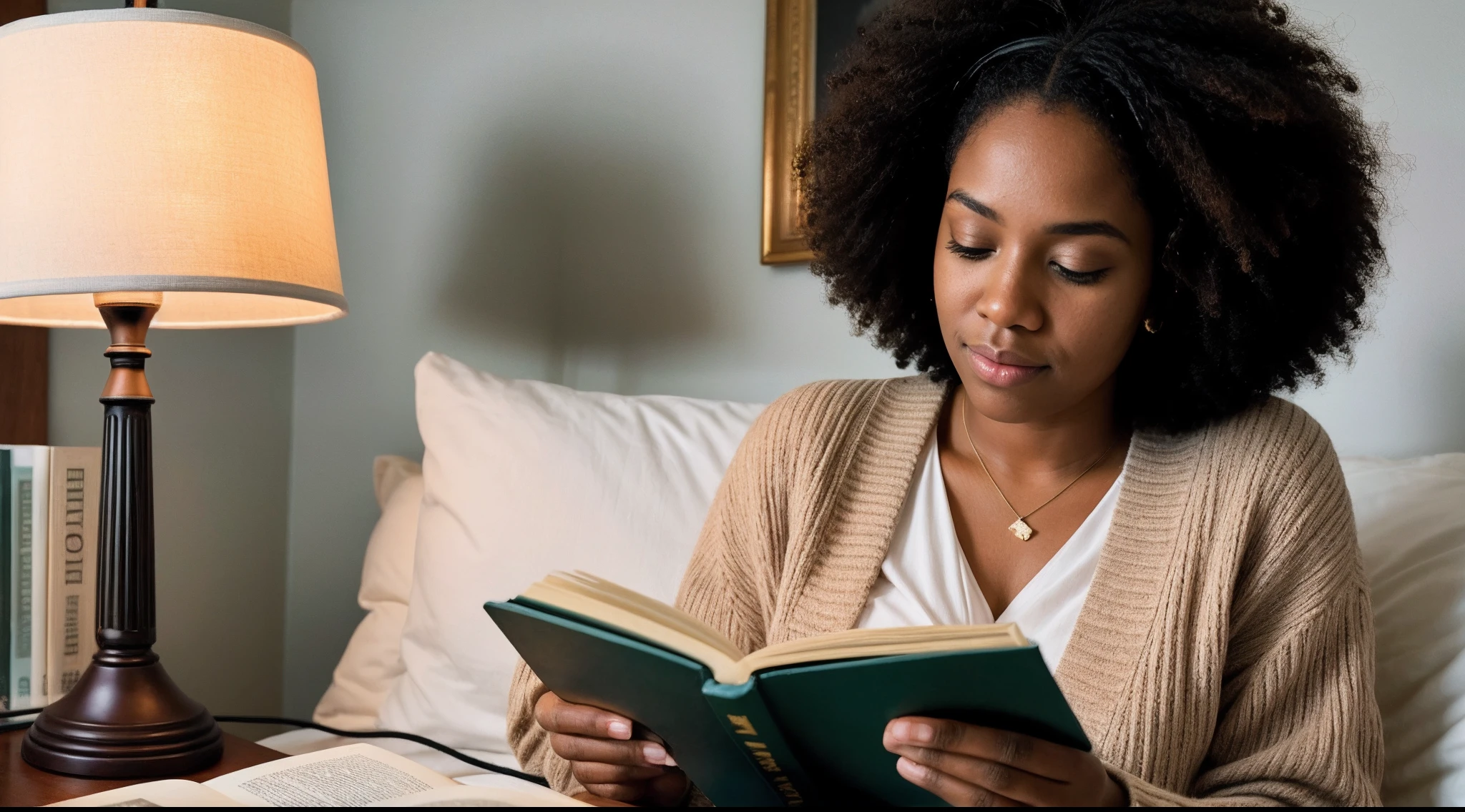 instagram photo, closeup face photo, A poignant composition featuring a afro american woman reading beneath the soft glow of a reading lamp, immersed in the world of literature, Fujifilm X-T4 with 35mm f/2 lens, cozy ambient lighting, contemplative photography.