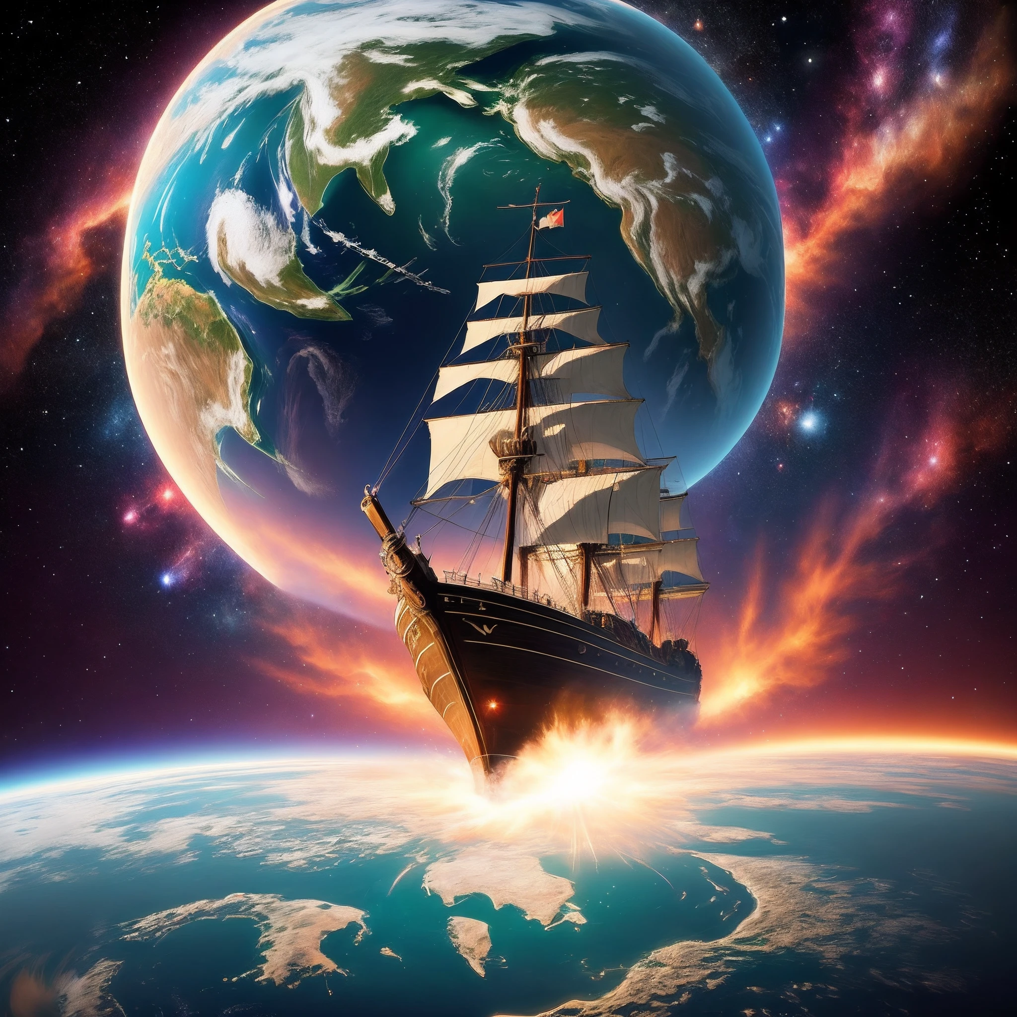 Imagine a pirate ship in space with the planet earth in the background
