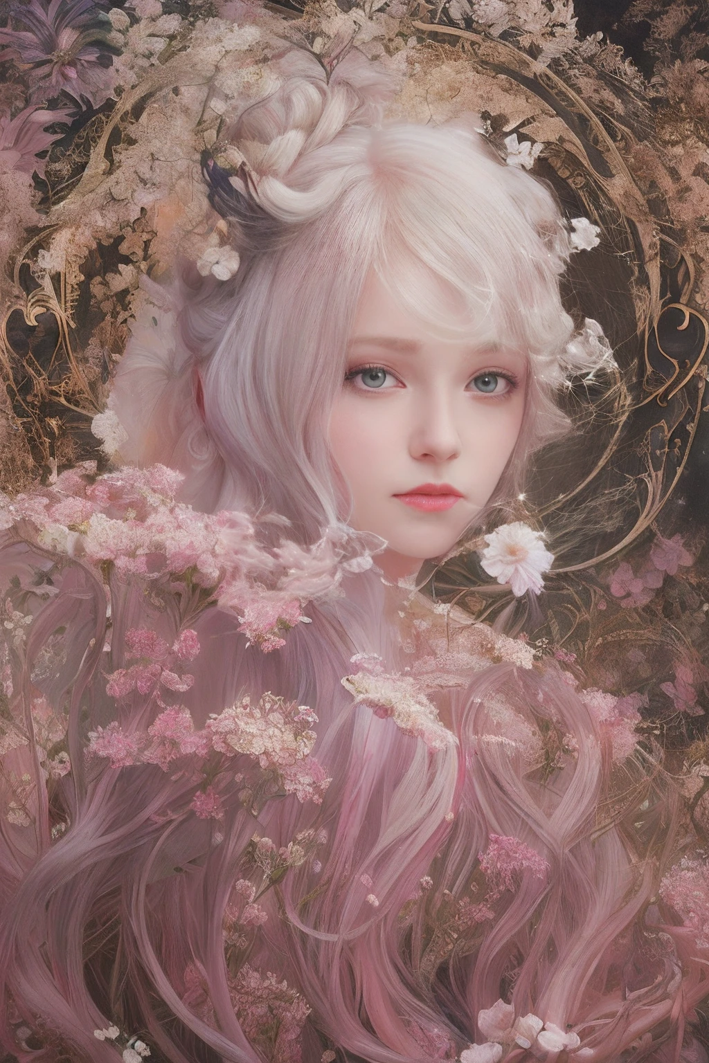 ((gorgeous princess)), (with long flowing white hair), (bright and beautiful eyes), trending on Art Station, flower of hope by Jean-Honor Fragonard, Peter mohrbacher, super detailed, crazy details , stunning sophisticated elite art nouveau ornate liquid wax elegant luxurious greg rutkowski ink style sticker vector art beautiful character design double exposure shot luminous design, winning entry, masterpiece, amoled black background,