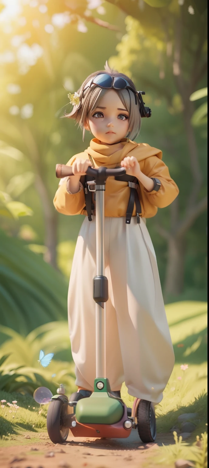 There is a poster,It has a cartoon character standing on a scooter,Female explorer mini cute girl,Walk in the wilderness,Jungle overgrown with flowers,Animation-style rendering,cute 3 d render,Small characters。Unreal Engine5,Stylized anime,Cute and detailed digital art,atey ghailan 8 k,Stylized 3D rendering,adventure hyper realistic render,Anime style 3D,Stylized 3D rendering