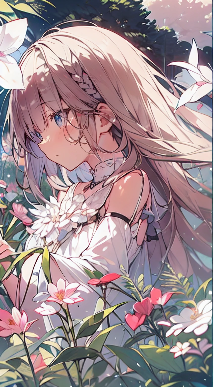 masutepiece, Best Quality,Illustration, Wallpaper, Ultra Detail, Absurd beauty、1 beautiful girl、 (Semi-long hair、short braided hair), Beautiful ultra-detailed eyes , Hair fluttering in the wind、Keep your head small、flower field、great outdoors、Landscape of the flower garden