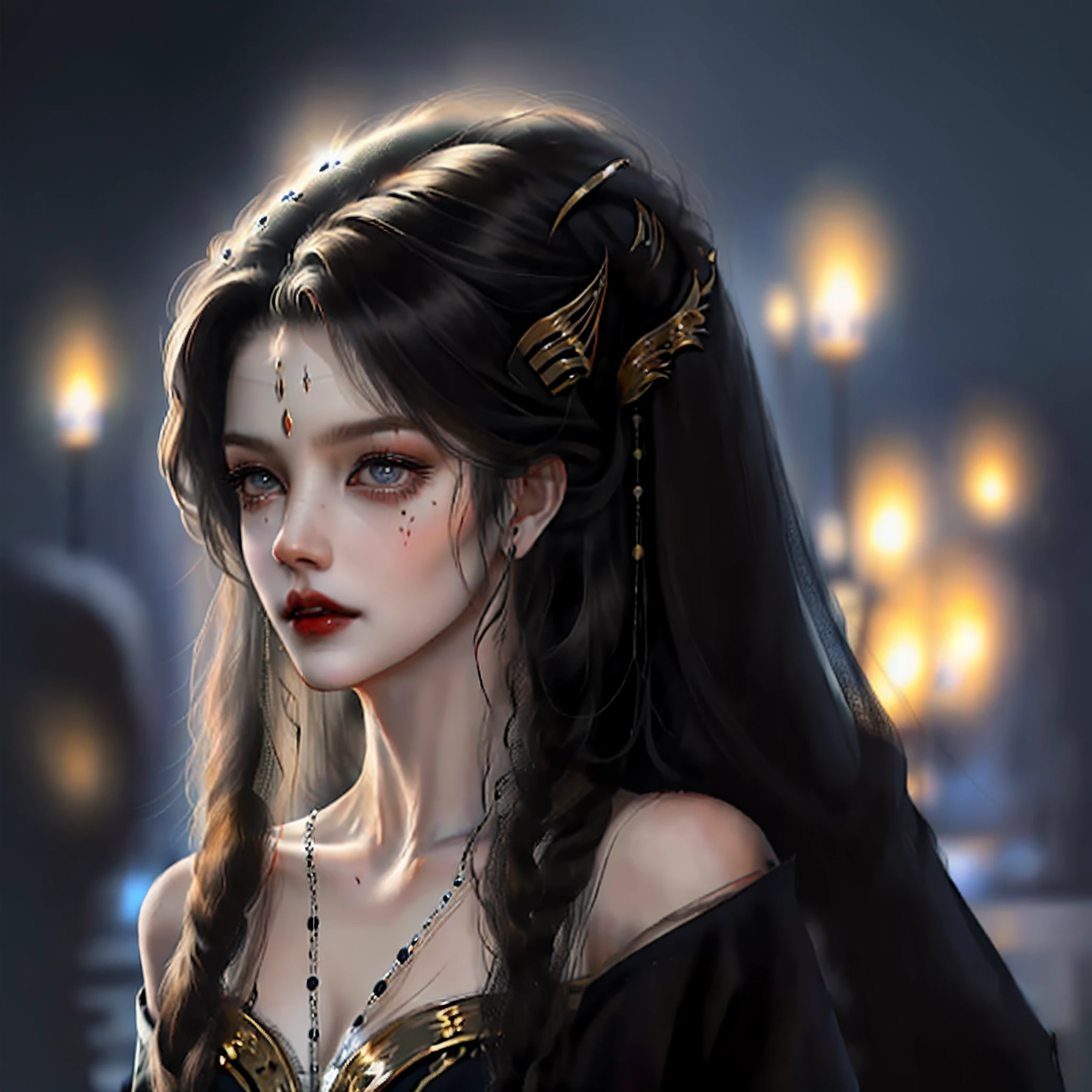 Catherine Zeta Jones,tmasterpiece,Young and elegant woman,Solemnly and sophisticated,The background is dark and sacred,It blends Eastern and Western looks,Beautiful, Beautiful, Generous and delicate facial features,Black hair,Vampire with dark blue eyes,Dark gorgeous dress,At a grand banquet