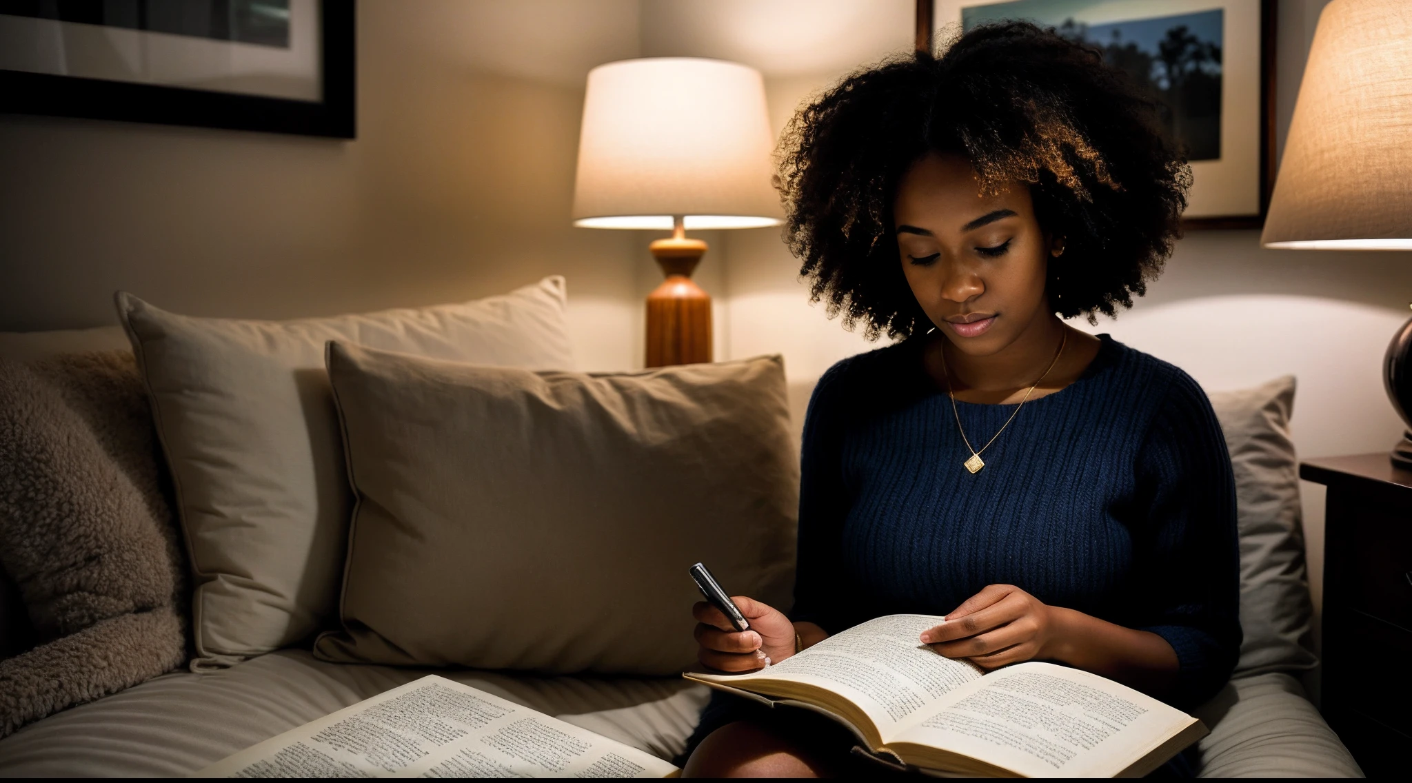 instagram photo, A poignant composition featuring a afro american woman reading beneath the soft glow of a reading lamp, immersed in the world of literature, Fujifilm X-T4 with 35mm f/2 lens, cozy ambient lighting, contemplative photography.