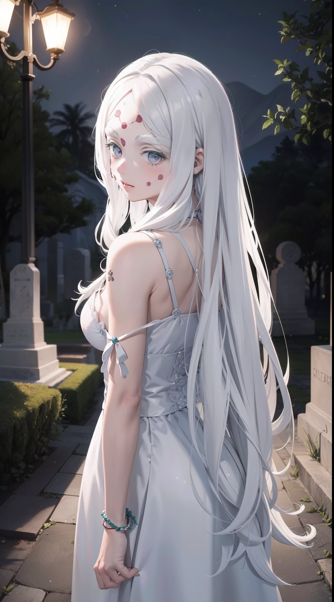 alta resolução, obra-prima, melhor qualidade, foto corpo inteiro, 1girl, white hair, white clothes, back at you, in the background cemetery on night, pele finamente detalhada