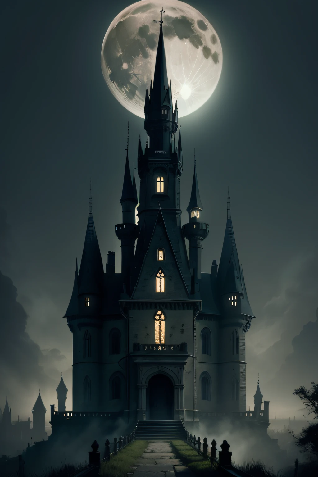 /imagine prompt: A hauntingly beautiful abandoned castle on a moonlit night, ivy-covered walls standing tall, a full moon casting an eerie glow on the crumbling architecture, an owl perched on a windowsill, a sense of mystery and history in the air, Illustration, digital art, using dark and muted colors to evoke a gothic and mystical ambiance, --ar 9:16 --v 5
