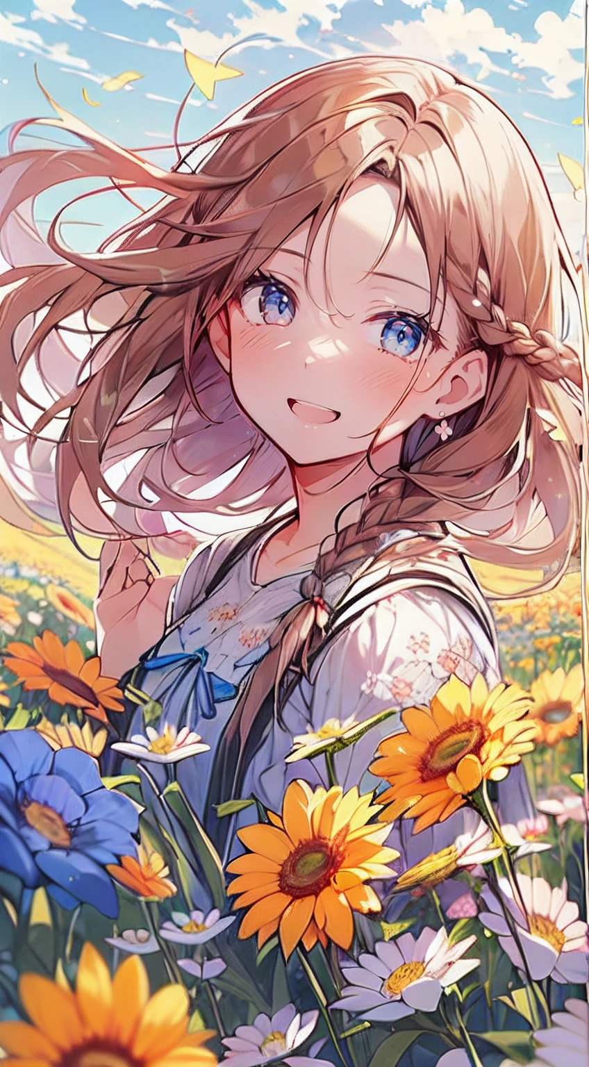 masutepiece, Best Quality,Illustration, Wallpaper, Ultra Detail, Absurd beauty、1 beautiful girl、 (Semi-long hair、short braided hair), Beautiful ultra-detailed eyes , Hair fluttering in the wind、Keep your head small、flower  field、great outdoors、Landscape of the flower garden