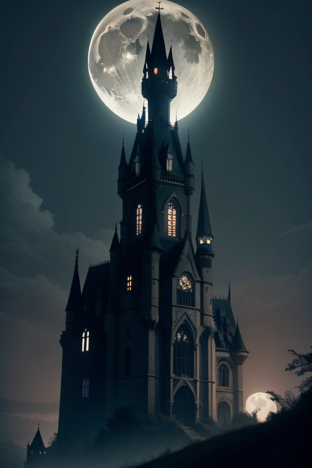 /imagine prompt: A hauntingly beautiful abandoned castle on a moonlit night, ivy-covered walls standing tall, a full moon casting an eerie glow on the crumbling architecture, an owl perched on a windowsill, a sense of mystery and history in the air, Illustration, digital art, using dark and muted colors to evoke a gothic and mystical ambiance, --ar 9:16 --v 5