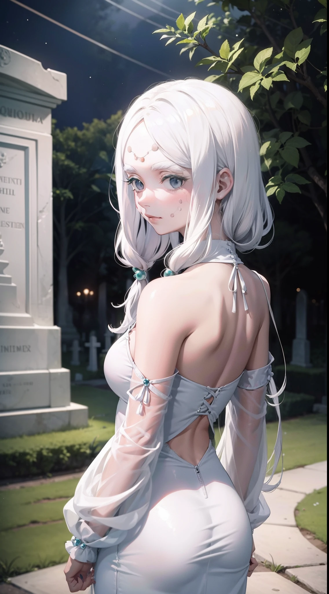 alta resolução, obra-prima, melhor qualidade, foto corpo inteiro, 1girl, white hair, white clothes, back at you, in the background cemetery on night, pele finamente detalhada