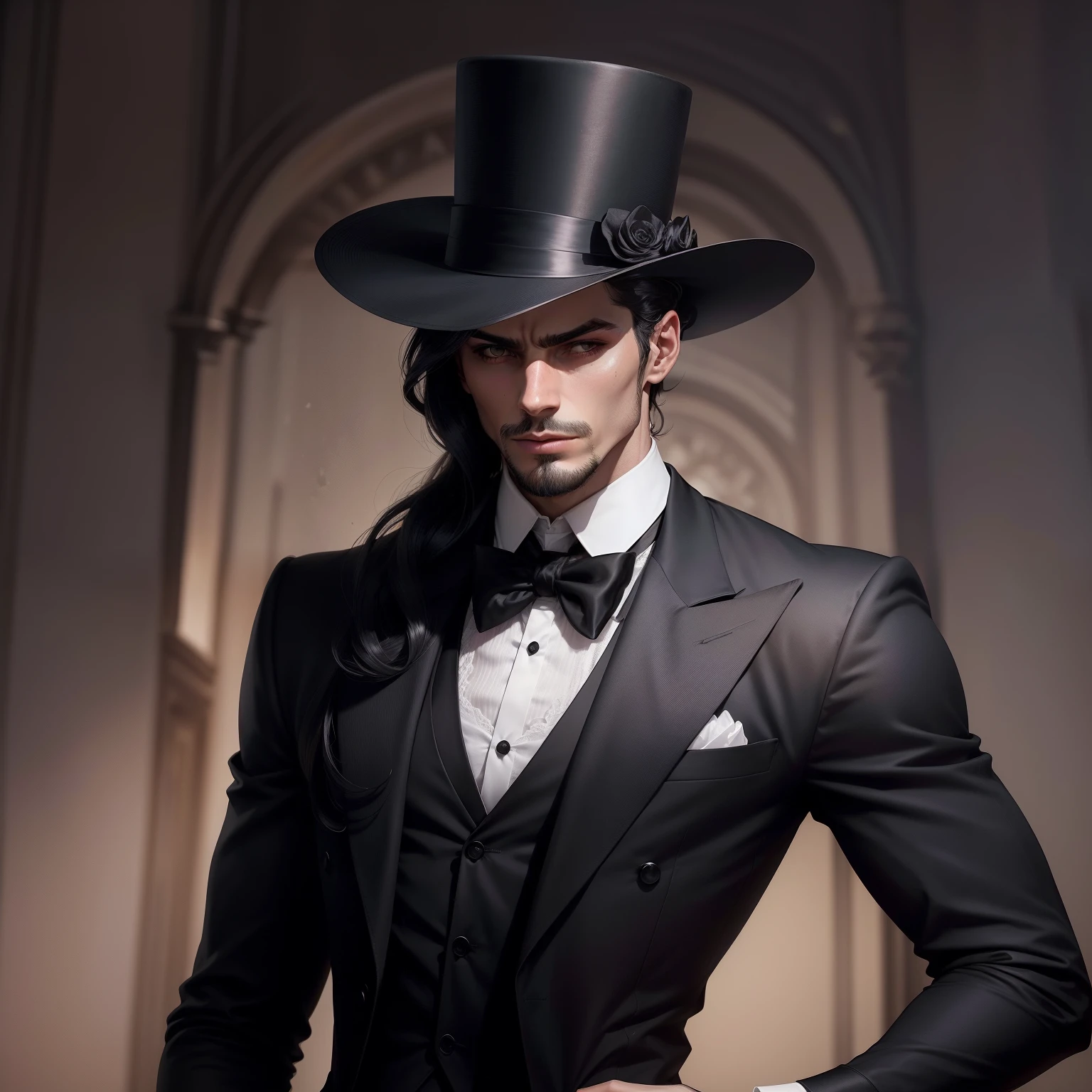 Personagem masculino, terno preto, elegante, cabelo longo, realista, mascara da peste negra  em seu rosto, cidade medieval de fundo, corpo inteiro, top hat on his head, sobretudo preto, tema terror