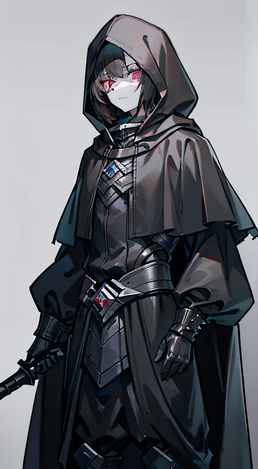 A man in a hood，brunette color hair，short detailed hair，Wearing a hood，Dark gray cloak，Black gloves，Miserable white skin，Gray longsword，assassins，White eyeman，The shadows are thick，Black gas pervades，Teasing eyes，Holding a gray longsword，Up to no good，laughingly