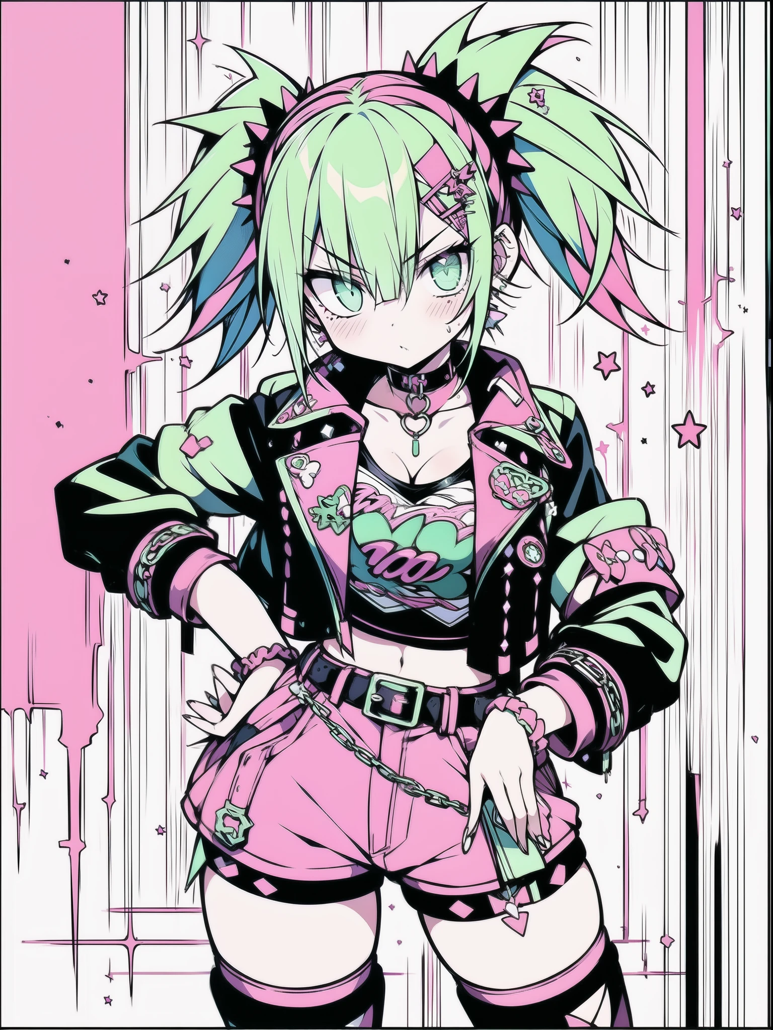 1girl, toxic green hair, grunge decora, punk rock, spike chain collar, choker, leather jacket in hot pink, neon color palette, spiky pigtails, short hair, ripped pants, eyes that hold anger