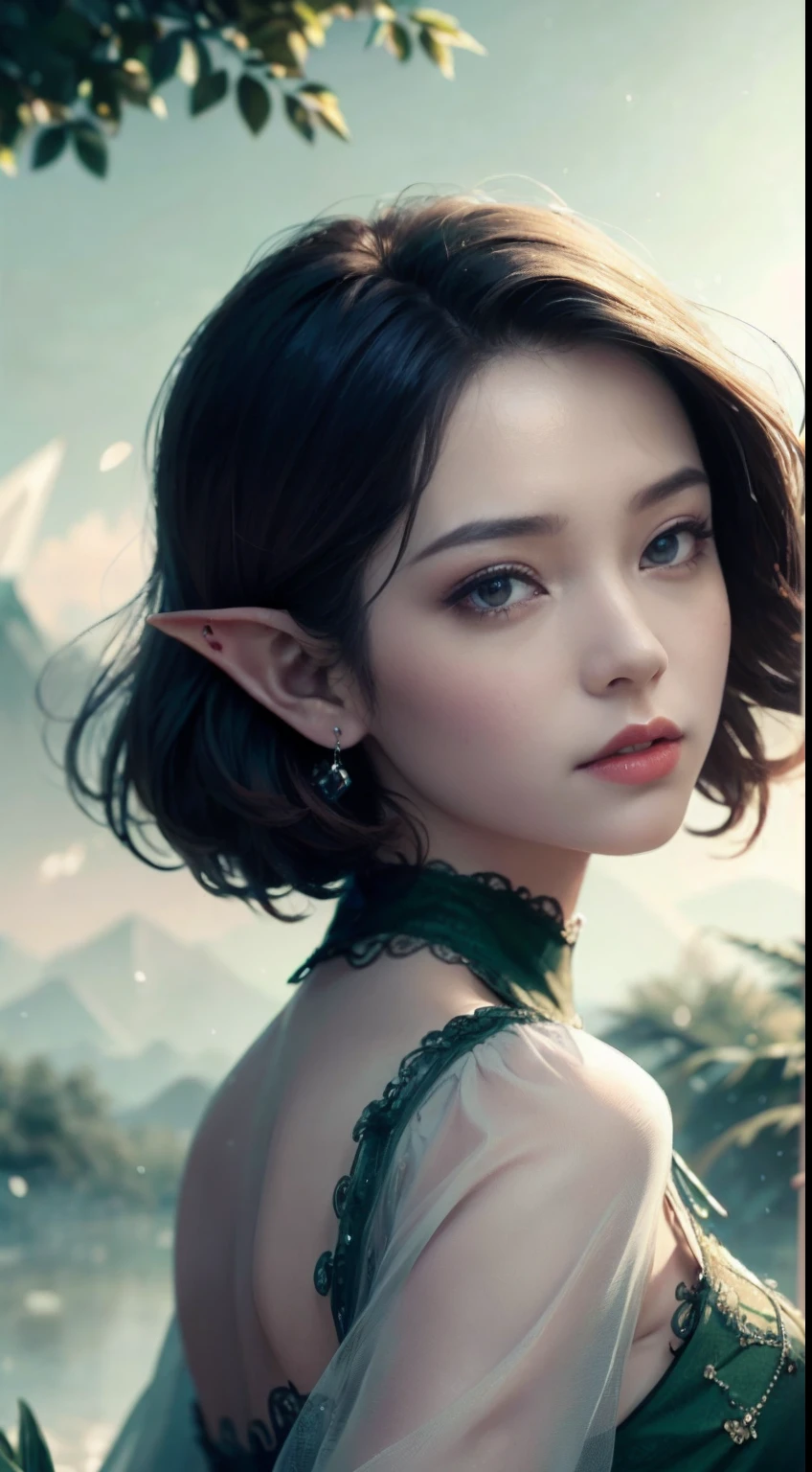 (Masterpiece, Top Quality, Best, Official Art, Beautiful and Aesthetic, Long Exposure: 1.2), Smooth Movement, Charming Patterns, 1 Girl, (Long Dress with Sleeves: 1.3), (((Green Clothes) )), upper body close-up, bare shoulders, Chinese girl, blush, black lob hair, portrait, solo, upper body, looking at the observer, detailed background, detailed face, (crystallineAI, crystalline theme:1.1), elemental wood elf, rotation foliage, control foliage, emerald clothing, dynamic pose, floating particles, ethereal dynamics, foliage, vapor, forest in the background, green tint, forest, ethereal atmosphere,