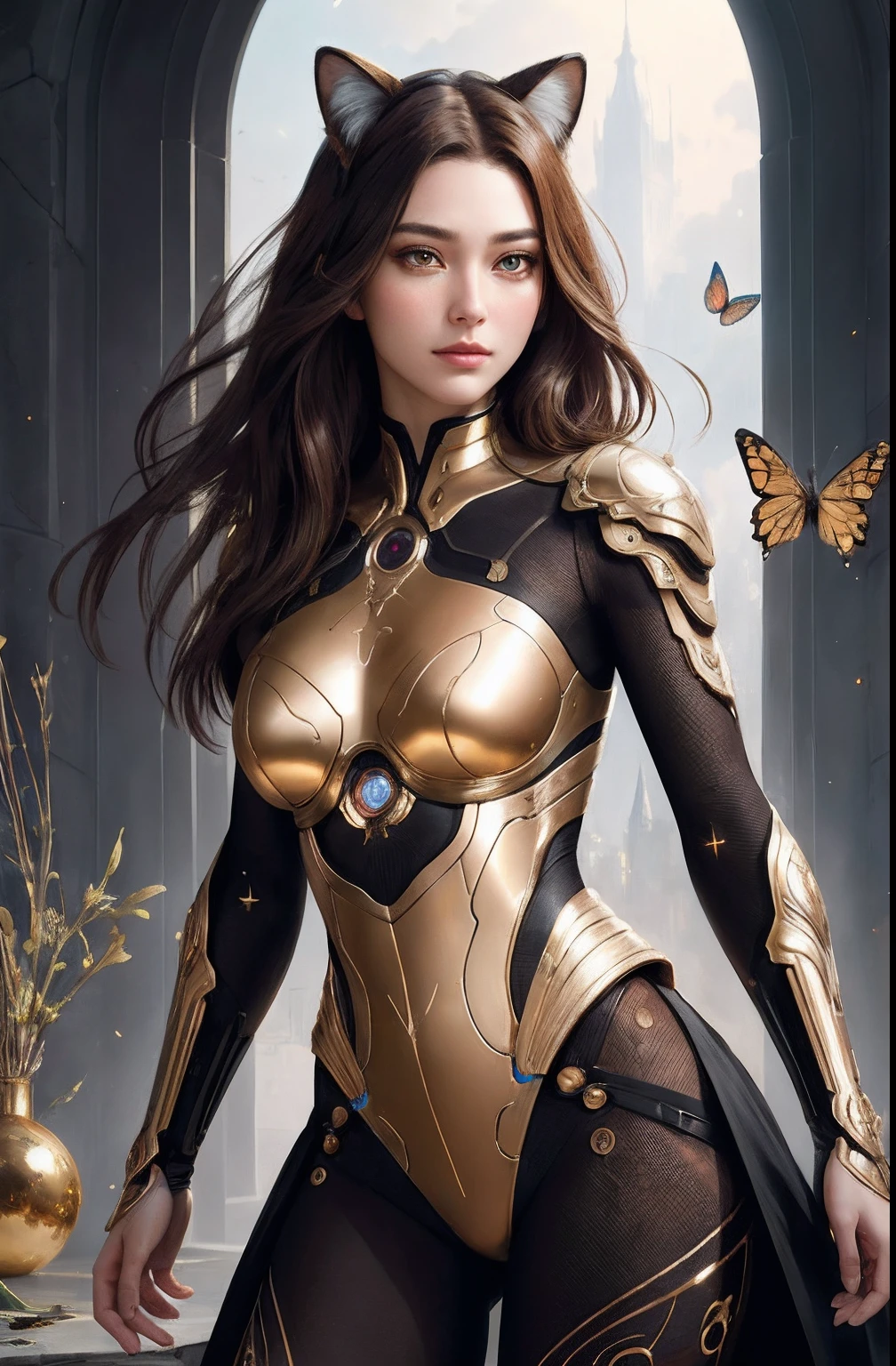 8k portrait of beautiful cyborg with brown hair, intricate, elegant, highly detailed, majestic, digital photography, art by artgerm and ruan jia and greg rutkowski surreal painting gold butterfly filigree, broken glass, (masterpiece, sidelighting, finely detailed beautiful eyes: 1.2), hdr, (detailed background window to a new dimension, plants and flowers:0.7) infinity, infinite symbol, cat ears,