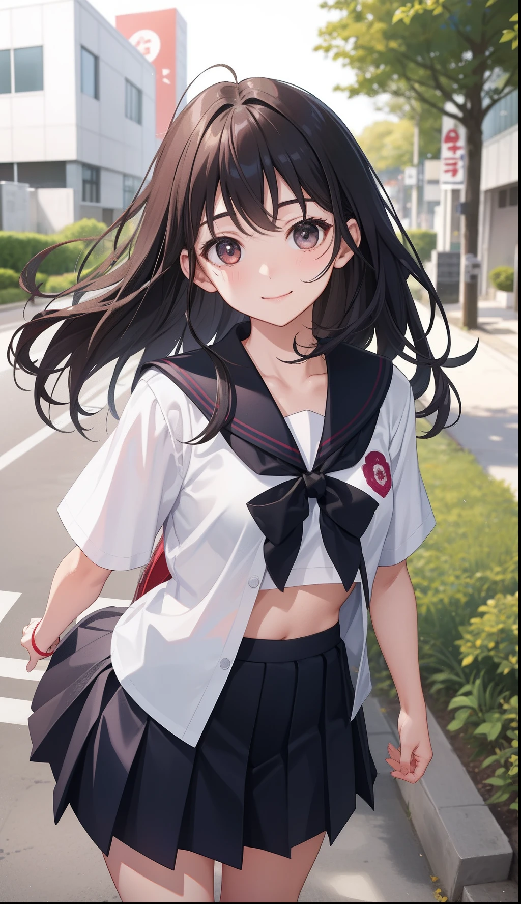 1girl in、AS-Adult、A smile、The shirt、skirt by the、(small tits)Chilarism、Japan High School Student Uniform、serafuku、summer clothing、(Sheer Bra)、Upper body portrait、the wind、