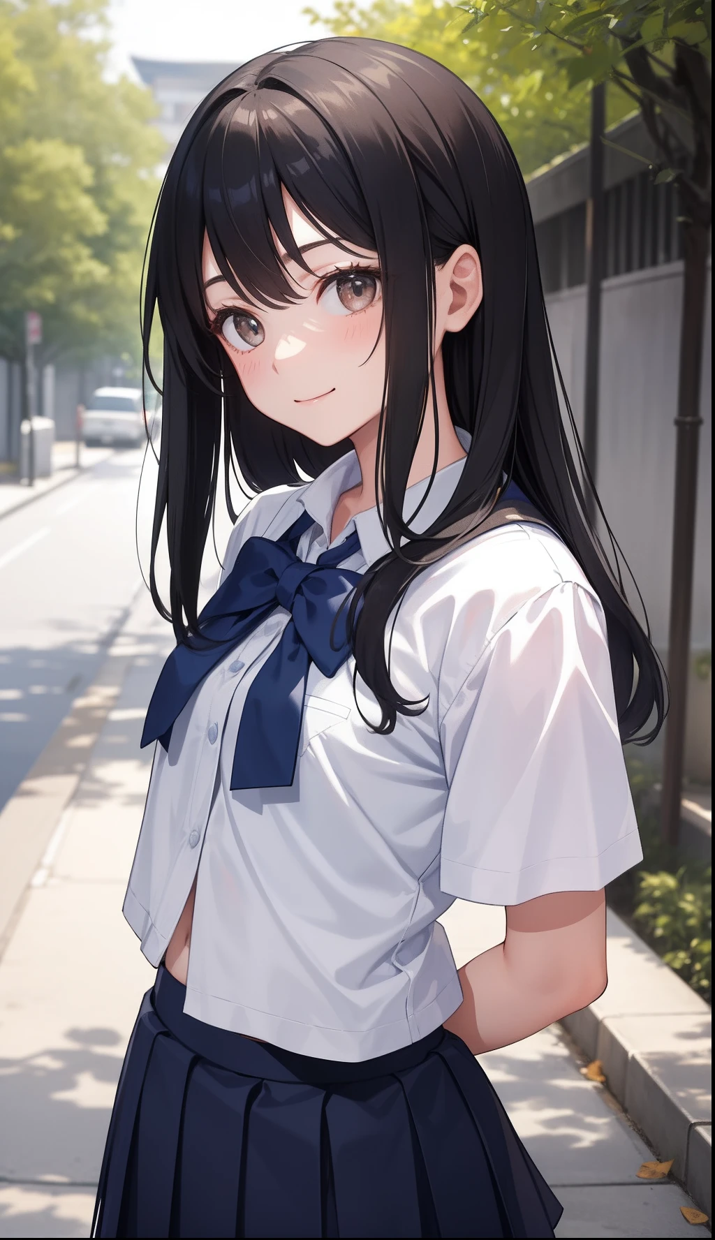 1girl in、AS-Adult、A smile、The shirt、skirt by the、(small tits)Chilarism、Japan High School Student Uniform、serafuku、summer clothing、(Sheer Bra)、Upper body portrait、the wind、