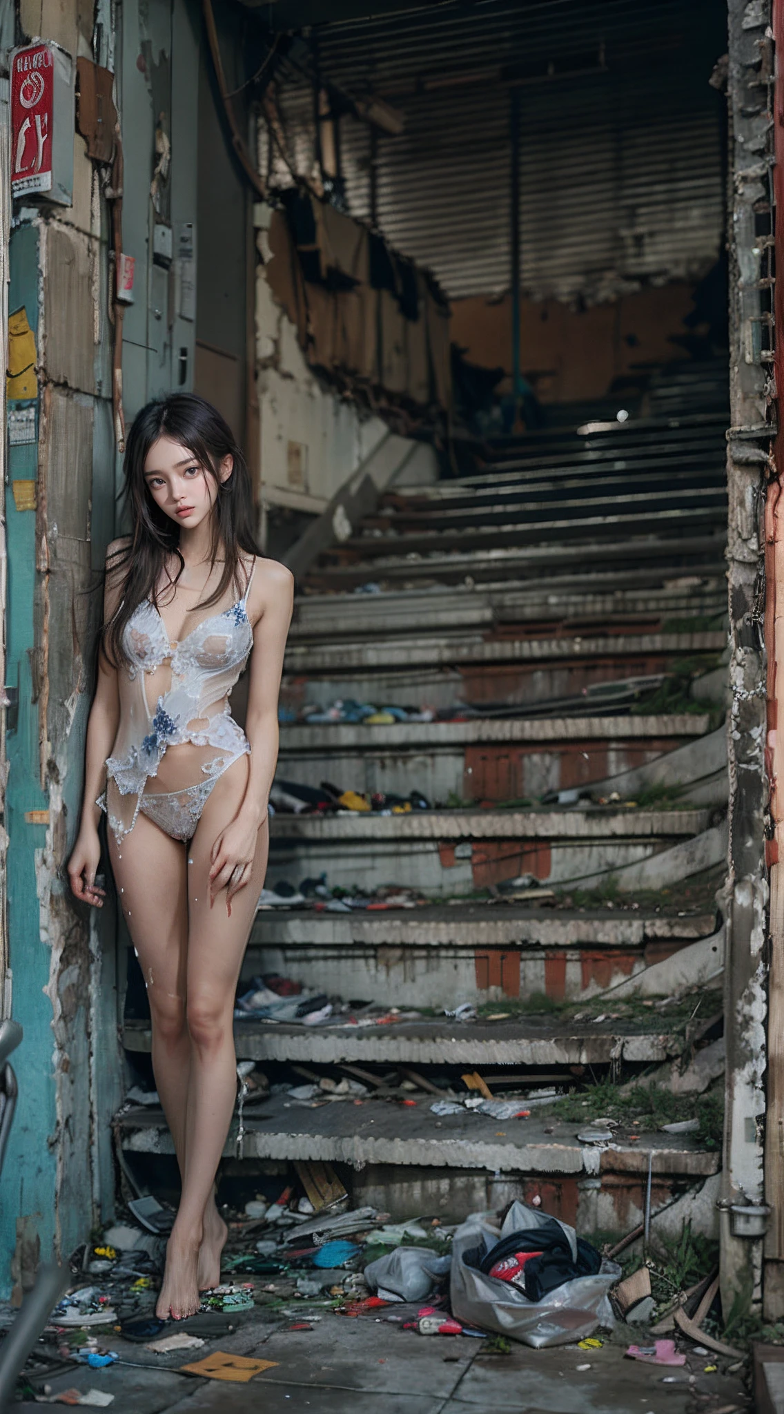 tmasterpiece，Abandoned building stairwell，Garbage all over the ground，grimy，full-body portraits，Sexy standing pose，Slim legs，very beautiful long slim legs，The barefoot，exhibitionists，full body exposed，Exposing the genitals