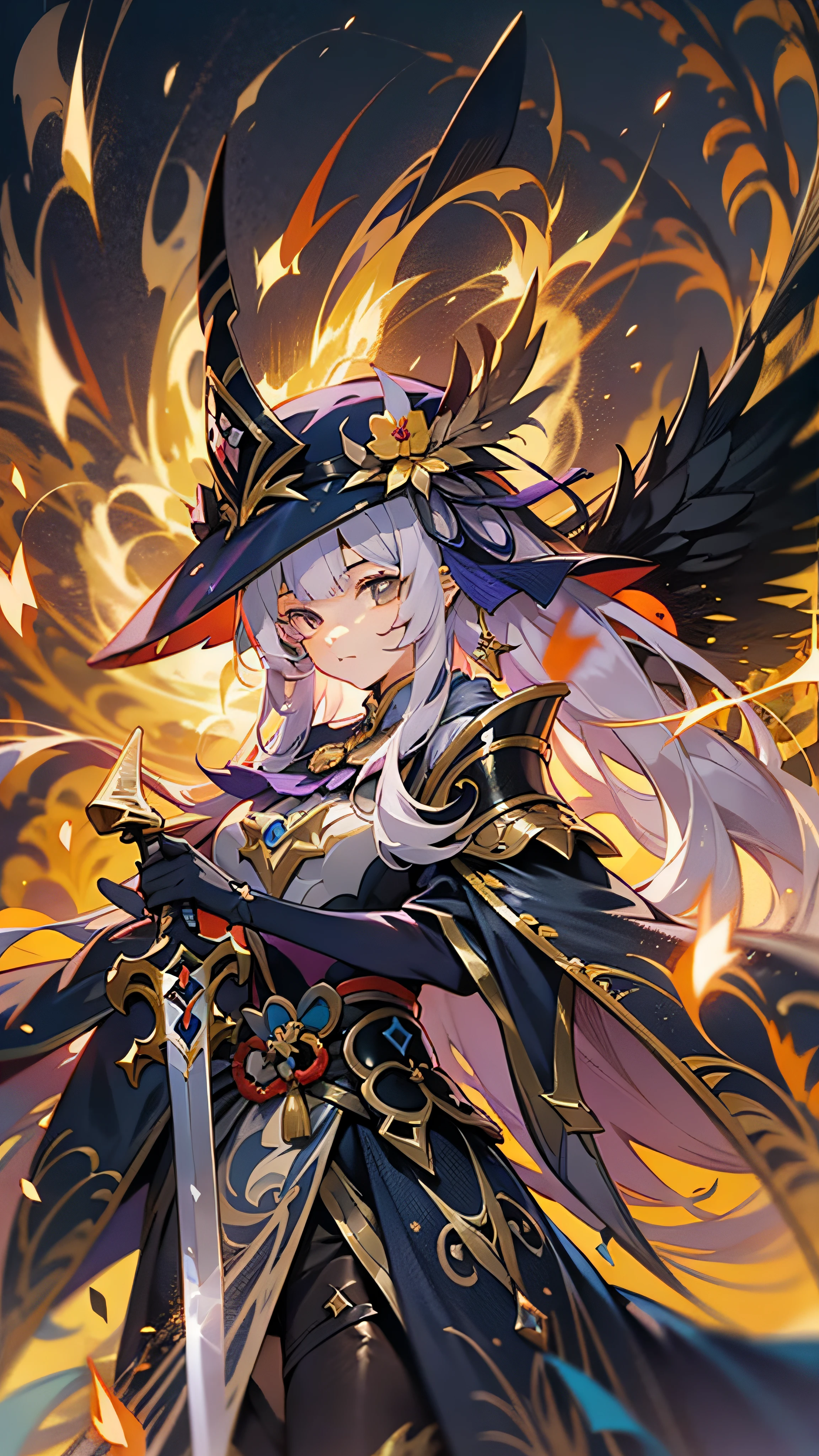 Anime figure,Dark villain,Beauty side face,Long hair flying,(golden headdress),Two teenage girls back to back,(Simple helmet)Spark ashes burn,The samurai held a sword, Wear contrasting armor, The whole picture of the witch and the witch skeleton,(standing full-body),((Faraway view)),(HD8K),ultra-wide-angle,The background is gorgeous,the original god, demon anime girl, Angel anime girl,fantasy paladin man, Dragon Knight,Spread your black feathered wings,Mobile Genshin Impact, Anime 8 k, Anime fantasy illustration, Genshin Impact, Tough and cold character, Detailed key anime art, Ayaka Genshin impact, onmyoji portrait,Close-up of shooting random weapons, Comic book epic artwork, Epic fantasy digital art style,Epic fantasy art style, 8K high quality detailed art, Epic fantasy art style HD, Faraway view,Behind him,This is a golden glowing magic array。,Purify the flame,HD anime visuals,full portrait of magical knight