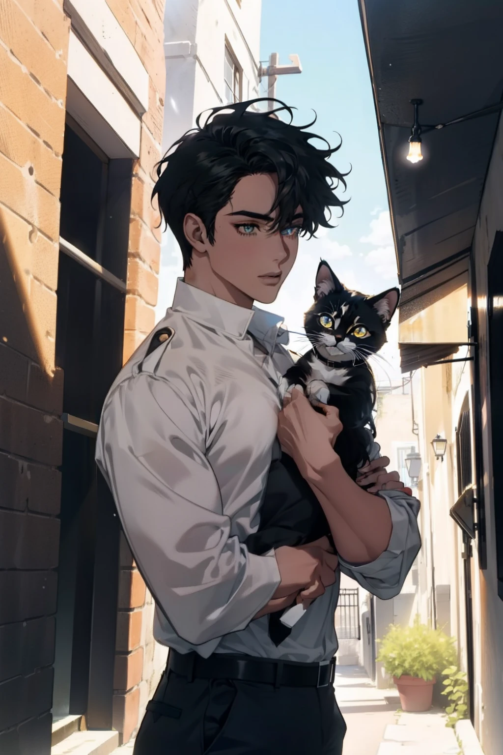 obra maestra, mejor calidad, 1 hombre, guapo, chico alto y musculoso, cabello muy corto, ojos negros, The best ratio four fingers and a thumb, mejor luz y sombra, The background is an alley, luz del sol detallada, sentado, Kittens gathered next to him, moteado luz del sol, tag, profundidad de campo, plantas, verano