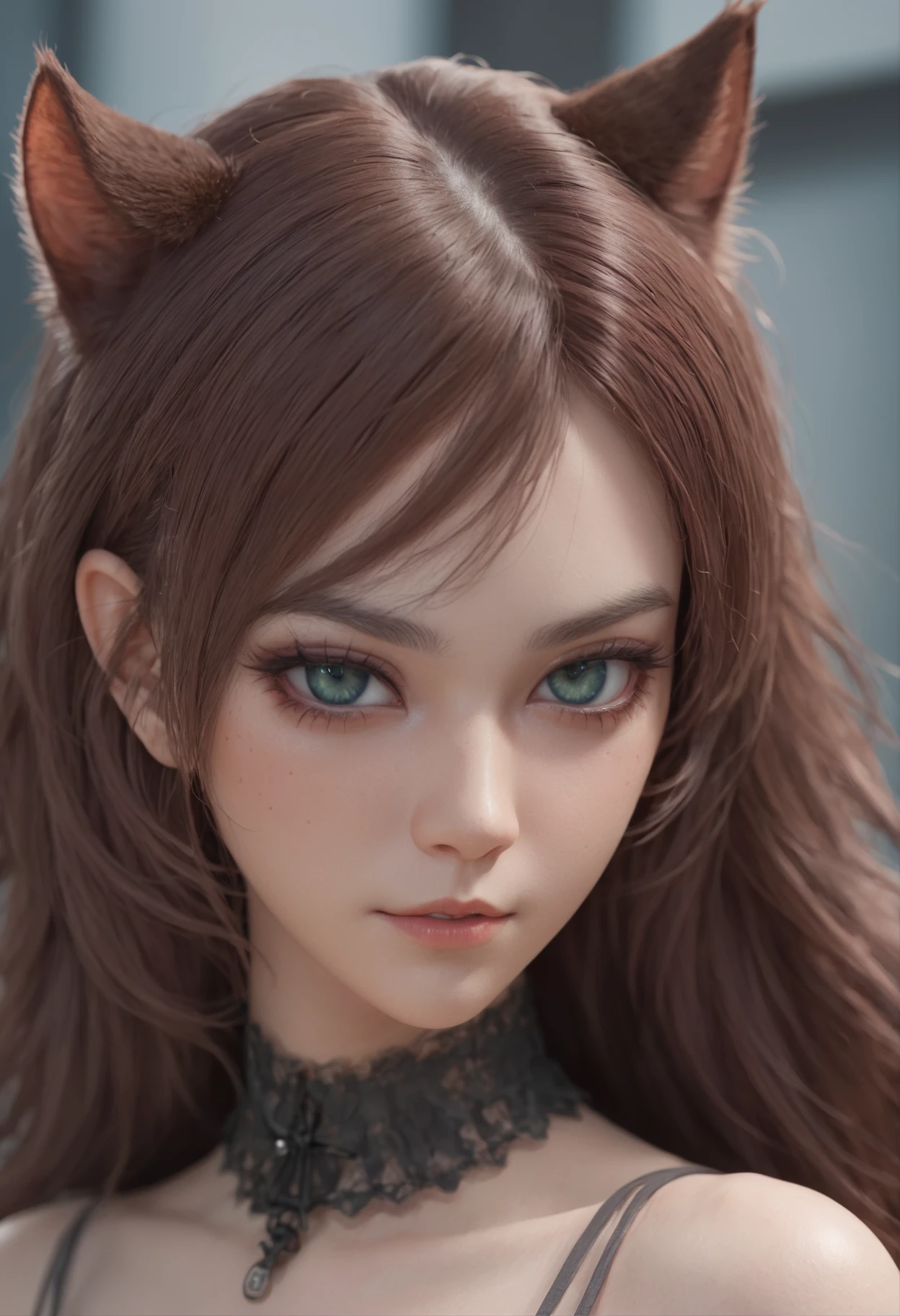 Portrait of Catwoman, anime catgirl, smooth soft skin, Fantastic Big Eyes, beautiful intricate colored hair, Symmetrical, anime wide eyes, Beautiful eyes, Soft lighting, Detailed face, By Makoto Shinkai, Stanley Ateg Liu, Phlegm sputum, phlegm, rossdraws, concept-art, Digital painting, looking at the camera in, 1girll