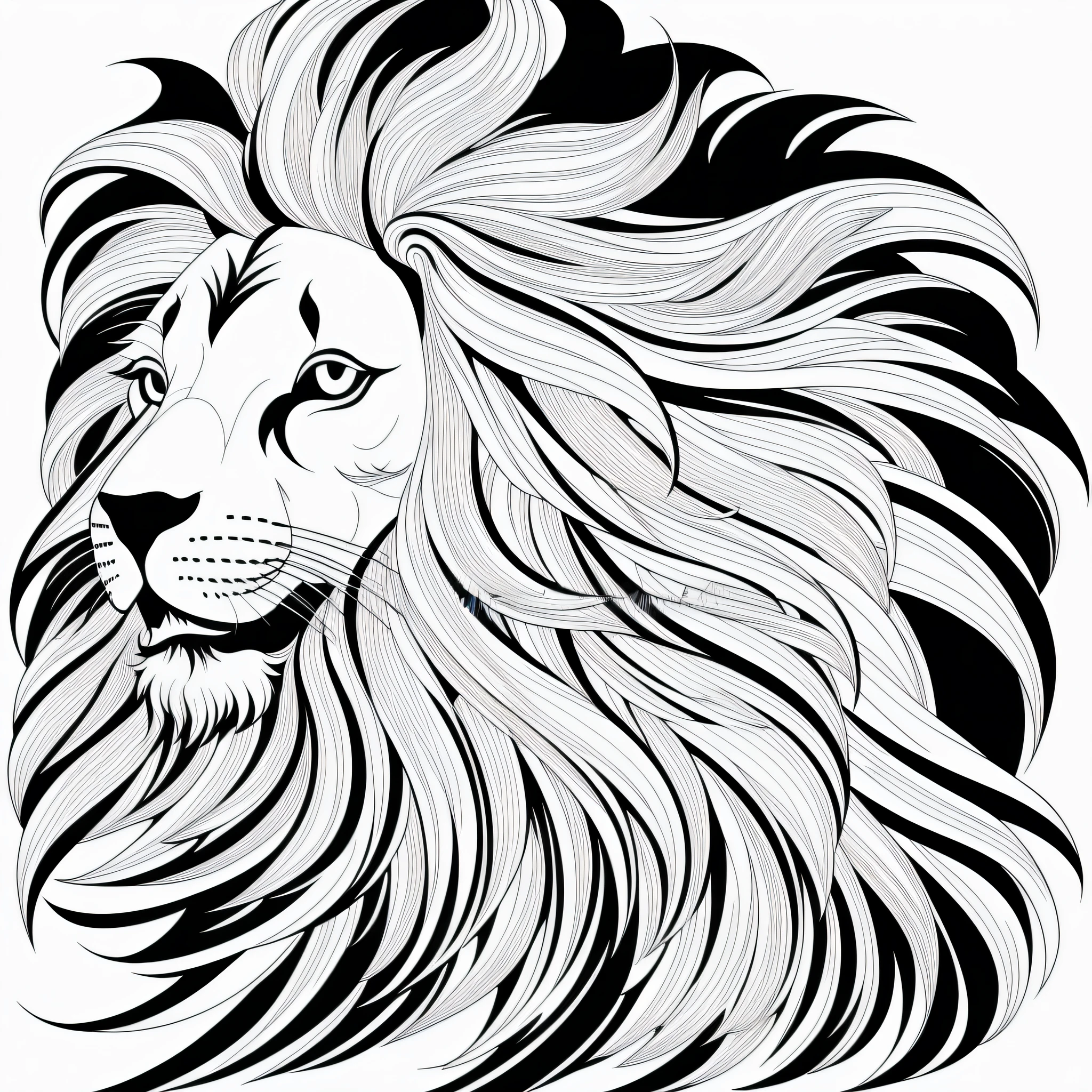 A black and white drawing of a lion with a swirling mane, Arte vectorial con lineas rectas en blanco y negro, with the mane of a lion, line art illustration, Arte lineal en blanco y negro, the mane of a lion, high contrast illustration, Black line art on white, Line vector art, Ilustraciones de alto contraste, thick vector line art, vector line art