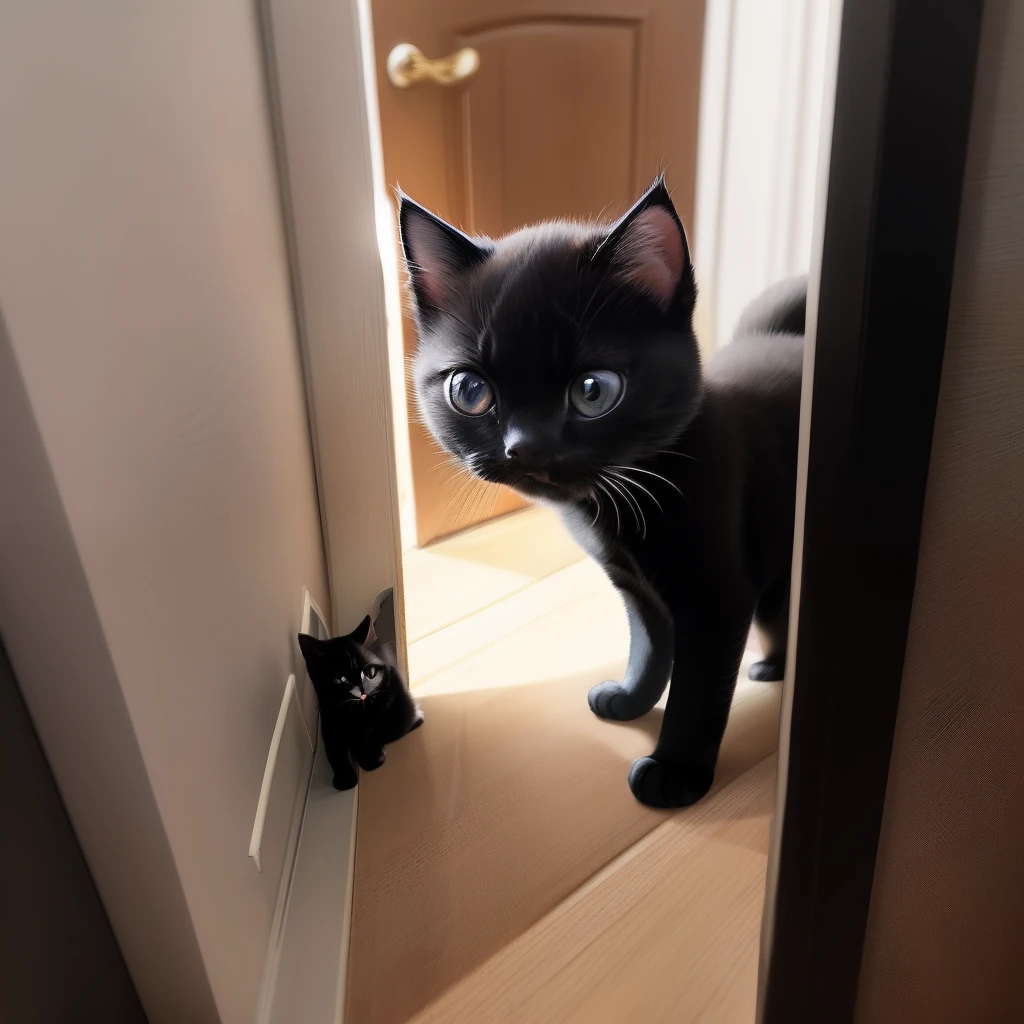 meow、meow,There was the sound of kittens barking outside,I quickly ran to the door,Open the door and take a look,It was a black kitten,It also has a ring of white hair around its neck,It's like wearing a white collar。