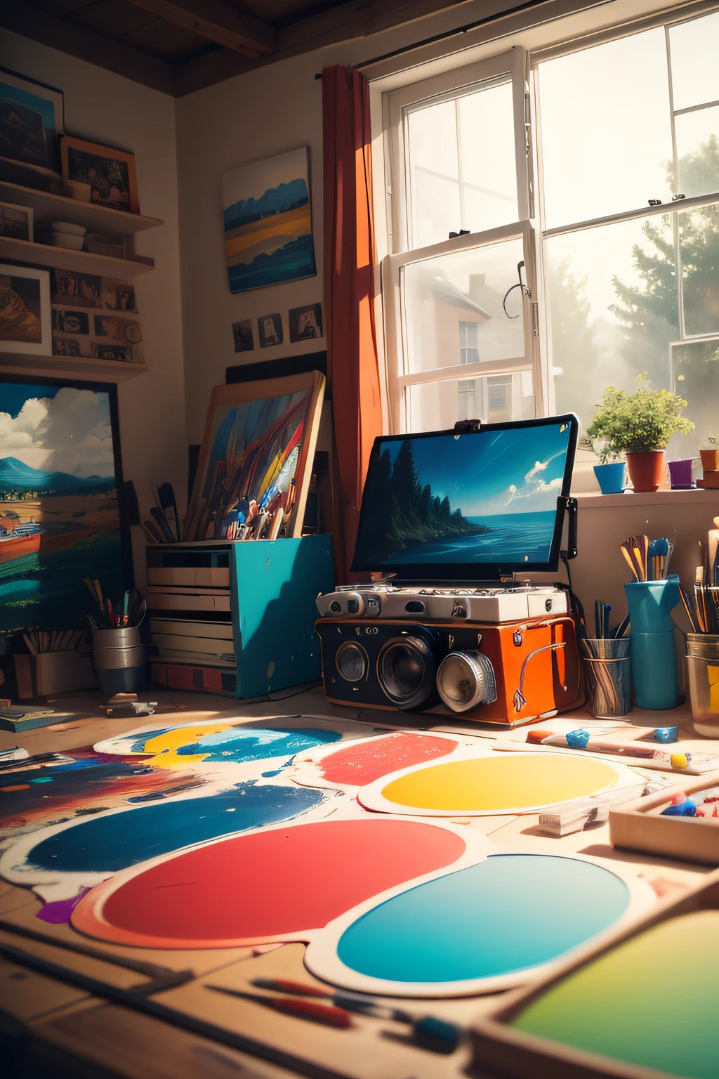 /imagine prompt: A vibrant artist's studio, with brushes, paint palettes, and stickers scattered around. Energetic, imaginative, and diverse. Playful colors of bold red, bright yellow, and deep blue fill the space. The artist, surrounded by their creations, is passionately bringing art to life. Natural light from large windows adds a warm glow to the scene. The camera, a vintage film camera, captures the artist's creative process from a medium close-up perspective. [ar] 16:9 [v] 5.2