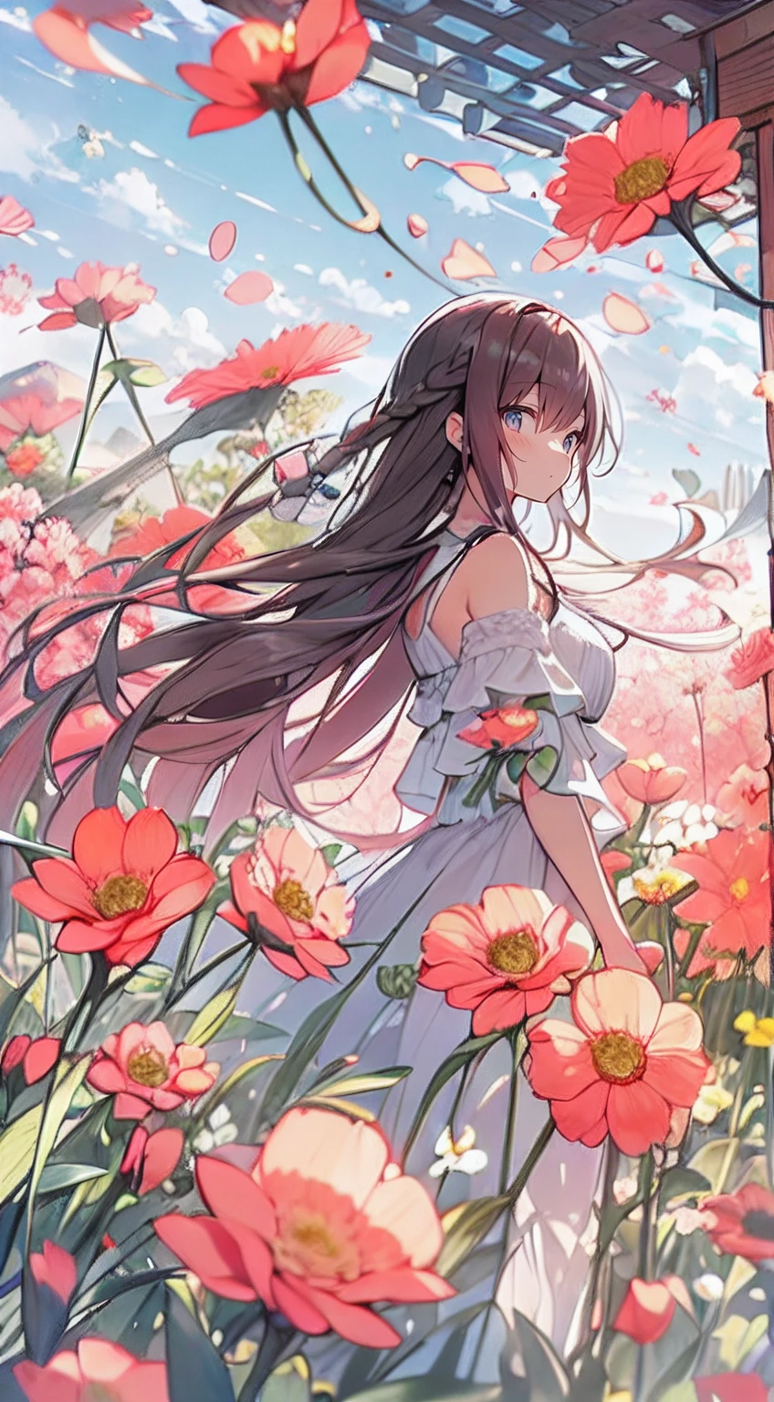 masutepiece, Best Quality,Illustration, Wallpaper, Ultra Detail, Absurd beauty、1 beautiful girl、 (Semi-long hair、short braided hair), Beautiful ultra-detailed eyes , Hair fluttering in the wind、Keep your head small、flower field、great outdoors、Landscape of the flower garden