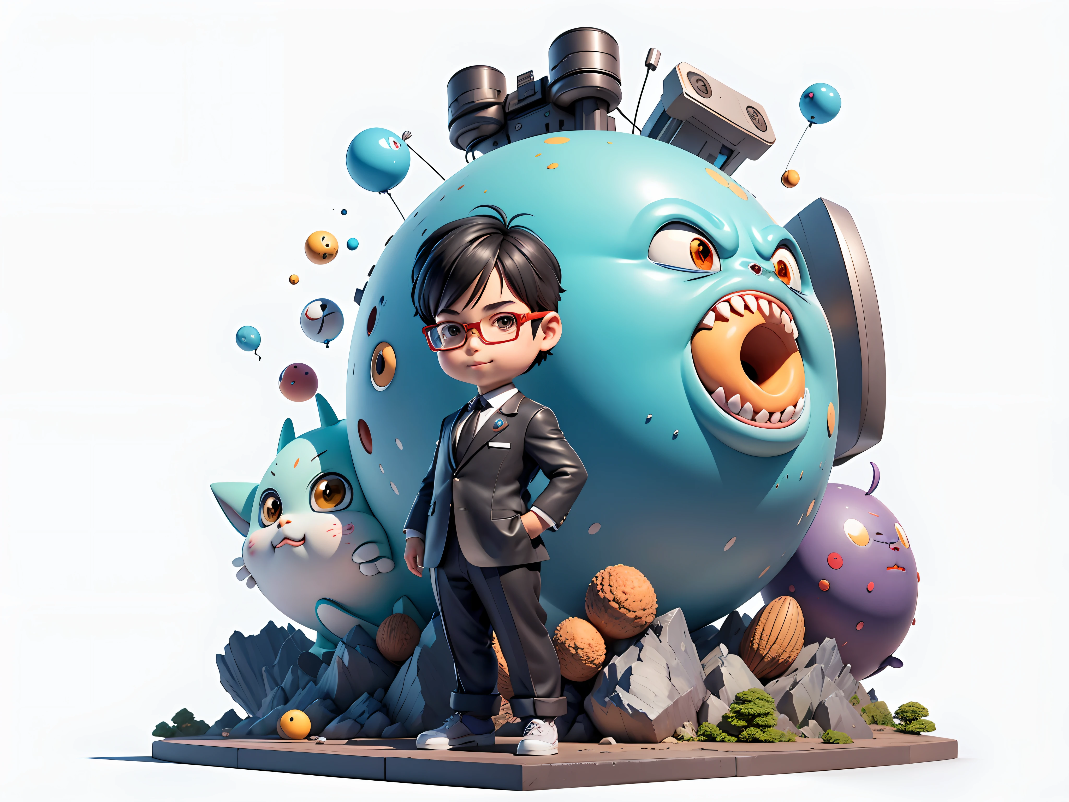 (Masterpiece), (Extreme Quality), (Super Meticulous), (Full Body: 1.2), Super Young Man, Chinese Dragon, Tiger, Wind God Thor, Sexy, Bursting, Oriental Face, TV Anchor, Bust Portrait Illustration, Black Formal Suit, Blue Tie, Slightly Chubby Face, Silver Glasses, Very Clean Face, No Beard on Chin, Black Super Short Hair, Black Eyes, Confident Smile, 3c Computer Sub-Products, iPad, iPhone, Digital Painting, 3D Character Design by Mark Claireden and Pixar and Hayao Miyazaki and Akira Toriyama, The illustration is a high-definition illustration in 4K resolution with very detailed facial features and cartoon-style visuals.