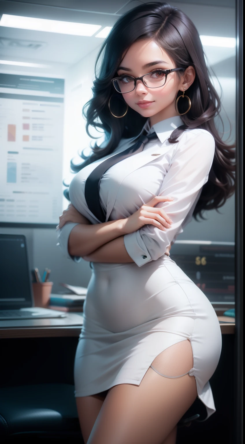 sexy secretary, professional clothing, fishnet stockings, black hair, white blouse. bent over desk, cleavage, sultry, sexy, naughty, office setting, ultra high def, 32k, --auto --s2