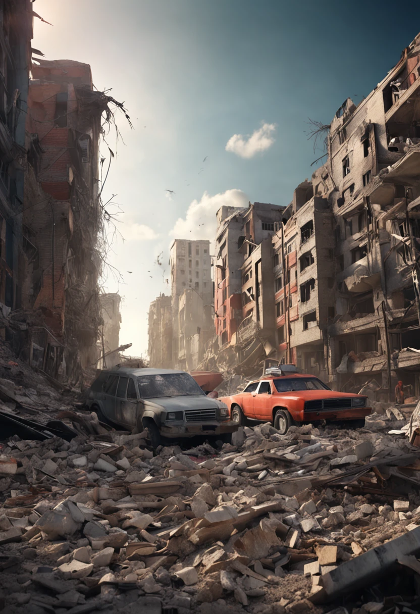 Abandoned cities, dilapidated roads, collapsed buildings, rusted vehicles, cluttered, and fires caught fire in some floors