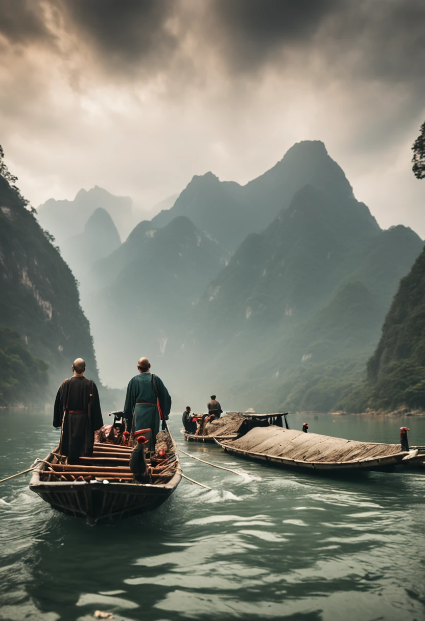 A fisherman on the Li River at sunset fishes on a bamboo raft