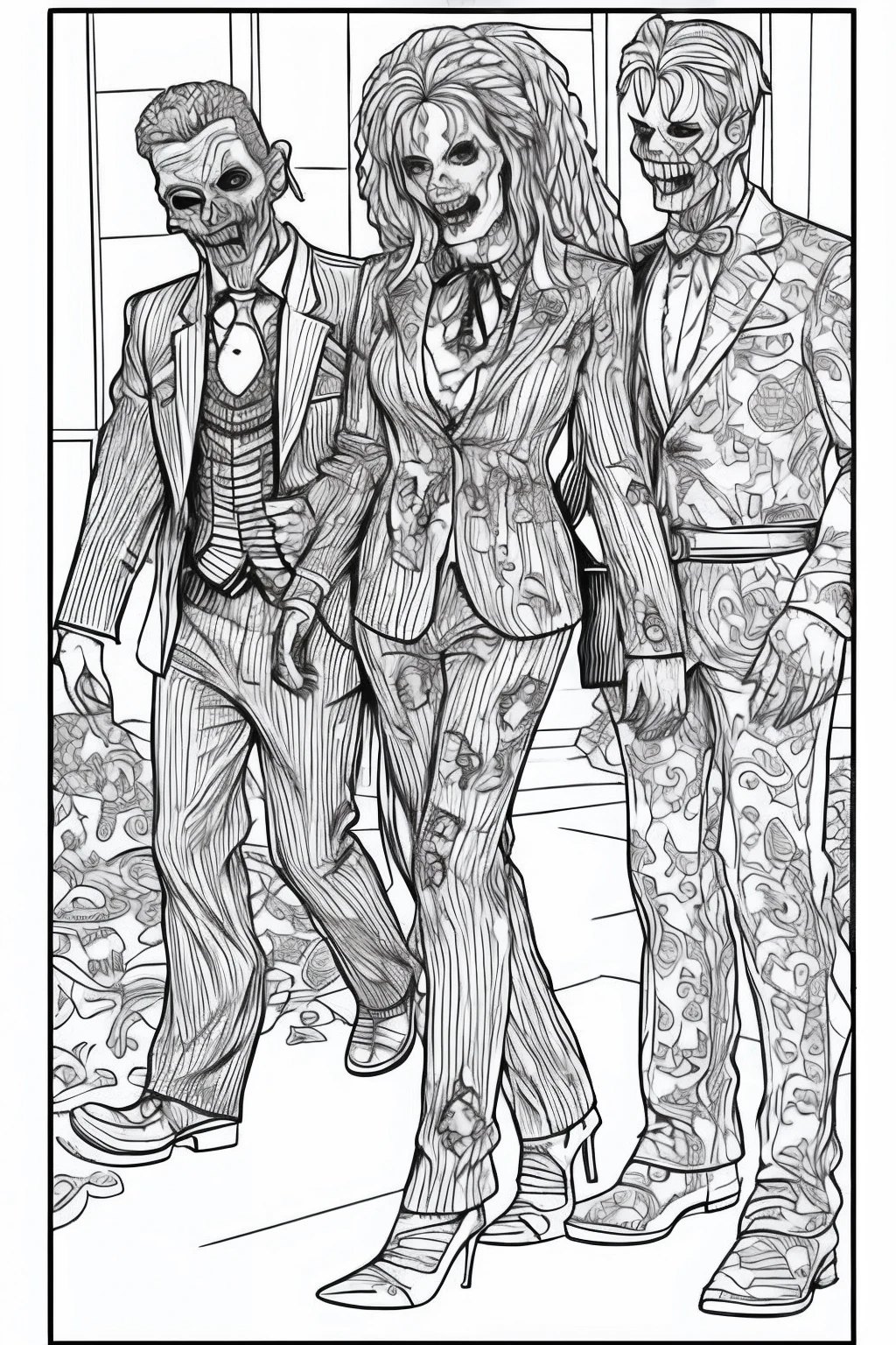 Coloring pages halloween background 1 zombie in a business suit and 1 eqyptian mummy wearing heels