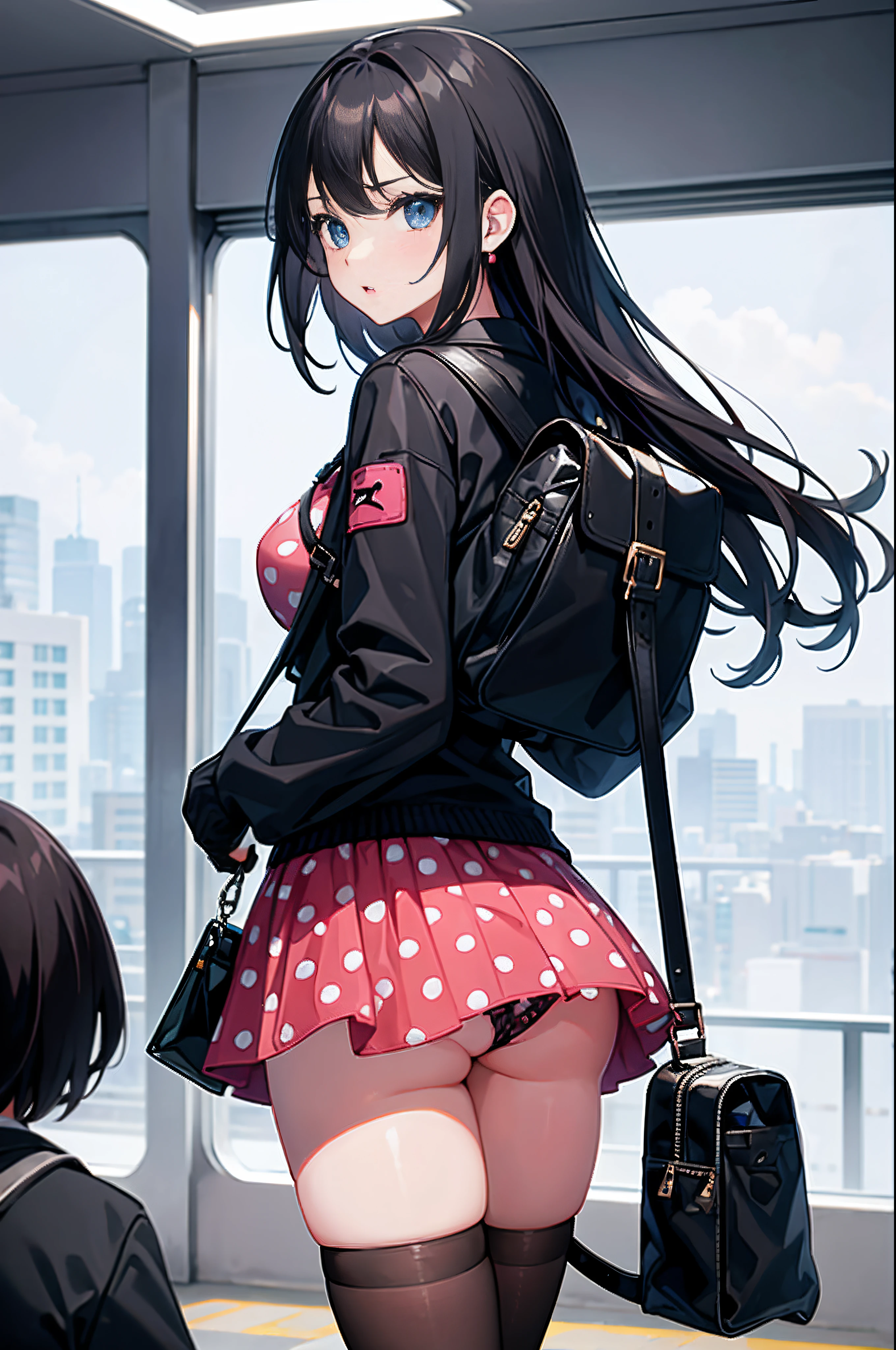 best quality,beautiful face,hires.fix,upper body,
1girl, ass, ass_support, backpack, bag, bangs, black_hair, black_legwear, blue_eyes, blush, breasts, cellphone, eyebrows_visible_through_hair, heart_print, holding_phone, jacket, long_hair, long_sleeves, looking_at_viewer, looking_back, panties, parted_lips, phone, pink_panties, polka_dot, polka_dot_bow, polka_dot_bra, polka_dot_dress, polka_dot_legwear, polka_dot_panties, polka_dot_skirt, print_panties, skindentation, skirt, skirt_lift, smartphone, solo, thighhighs, thighs, train_interior, underwear