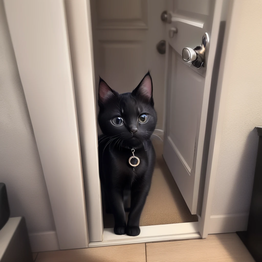 meow、meow,There was the sound of kittens barking outside,I quickly ran to the door,Open the door and take a look,It was a black kitten,It also has a ring of white hair around its neck,It's like wearing a white collar。