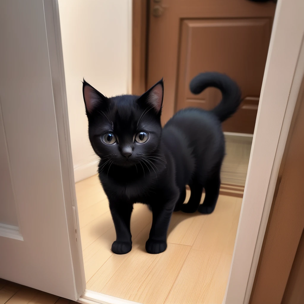 meow、meow,There was the sound of kittens barking outside,I quickly ran to the door,Open the door and take a look,It was a black kitten,It also has a ring of white hair around its neck,It's like wearing a white collar。