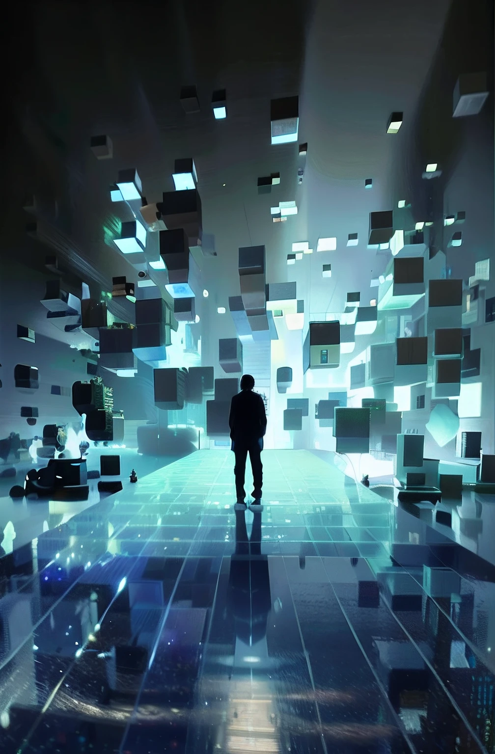 Image of Arafard standing in front of a cube wall, deeper into the metaverse we go, Lit. 'the cube', cube portals, surreal cyberspace, retrofuturist liminal space, projection mapping, matte painting of human mind, holographic projections, the encrypted metaverse, data holograms, a crystalline room