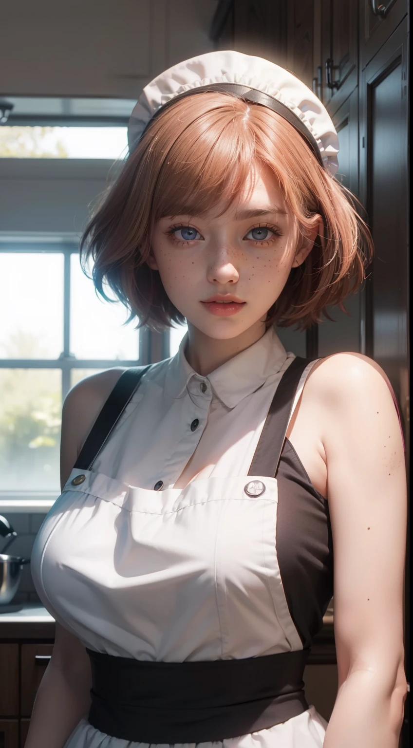 Closeup portrait of playful maid, cropped hair, apron, amazing body, pronounced femininity, plump, kitchen, [ash blonde|ginger|pink hair], freckles, flirting with camera