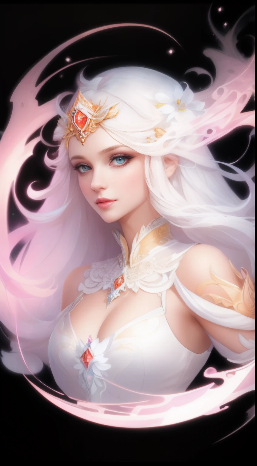 A mesmerizing manga fantasy woman with ethereal features and colorful hair stands in a mythical realm. Her captivating eyes exude magic, and her unique outfit reflects her enchanting persona. The fantastical landscape around her is filled with vibrant flora and magical creatures. The image showcases her in a medium close-up shot, allowing for detailed attention to her intricate design. Illustrated in a "Fantasy Art" style, with inspirations drawn from renowned manga artists like CLAMP and Kentaro Miura.