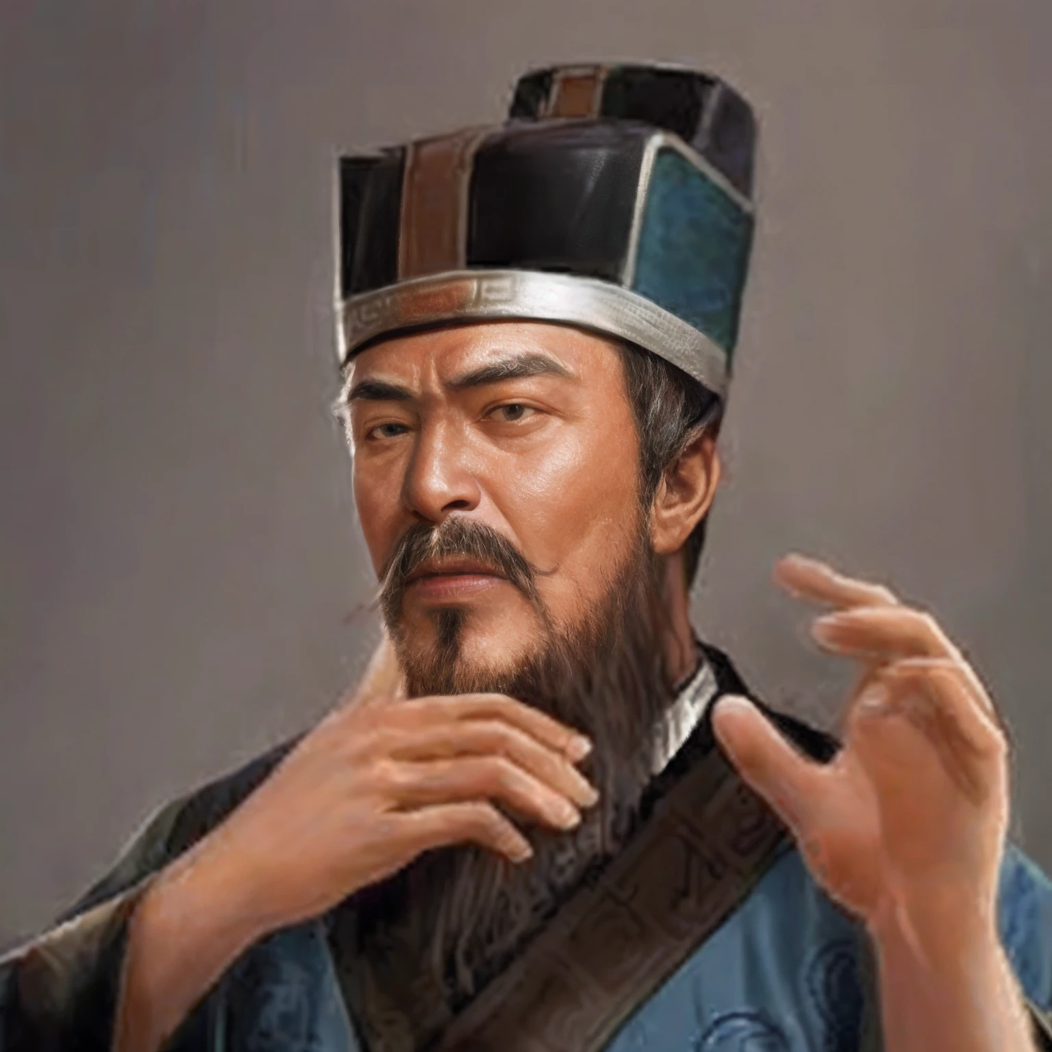 Close-up of a man in a hat holding a cigarette, by Xuande Emperor, inspired by Xuande Emperor, Liang Xing, feng shu, Guan yu, bian lian, chinese three kingdoms, inspired by Li Cheng, hua cheng, Xianxia, inspired by Dong Yuan, guangjian huang, inspired by Wu Daozi