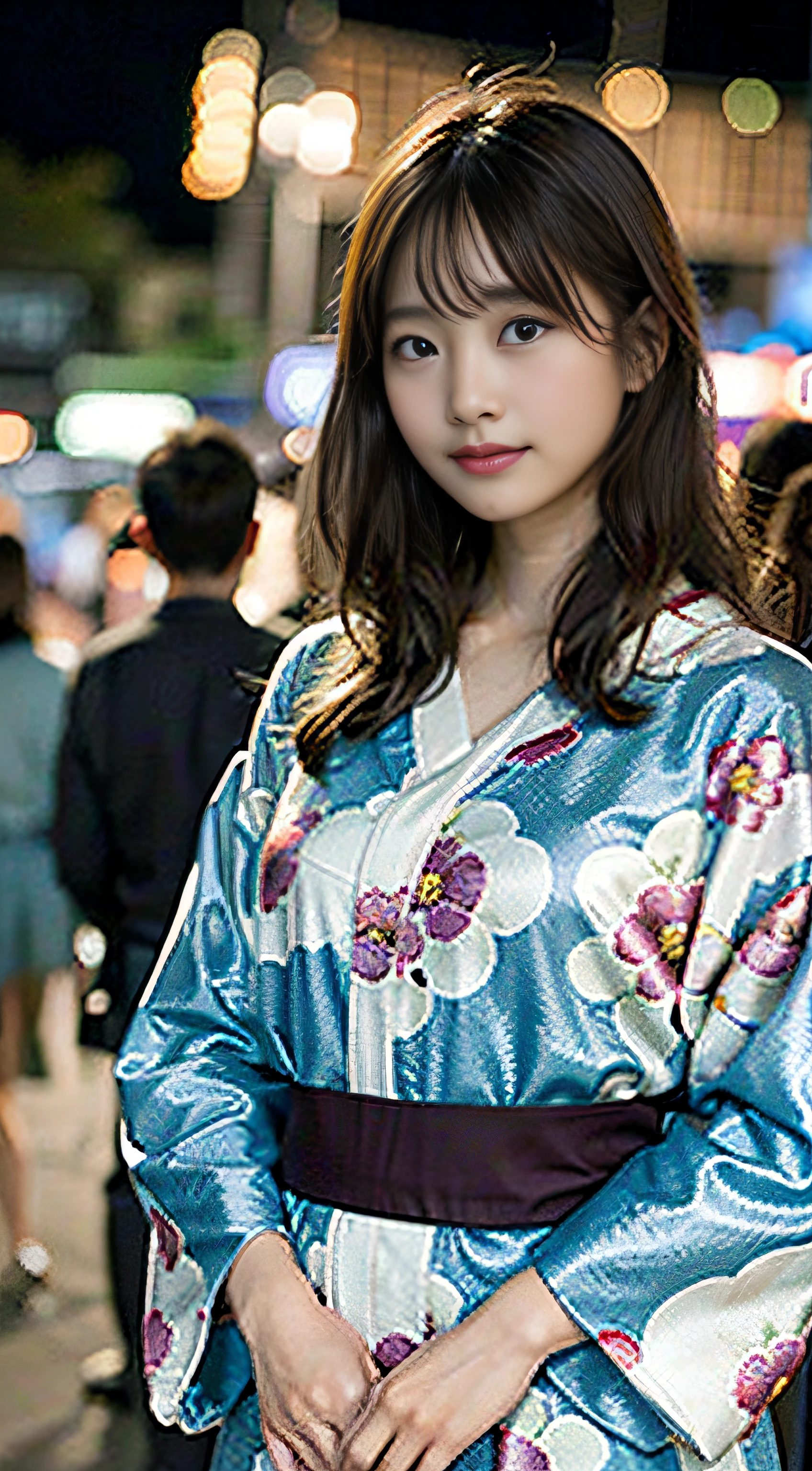 (8K、Raw photography、top-quality、​masterpiece:1.2)、(realisitic、Photorealsitic:1.37)、ultra-detailliert、超A high resolution、女の子1人、see the beholder、beautifull detailed face、A smile、Constriction、(Slim waist) :1.3)、The shirt、Beautiful detailed skin、Skin Texture、floated hair、profetional lighting、full body Esbian、Summer Festival Snapshot。Yukata Date。Yukata at the fireworks display。Yukata at the summer festival。Summer yukata。Fireworks Festival。blanche、Yukata with pale pink floral pattern。