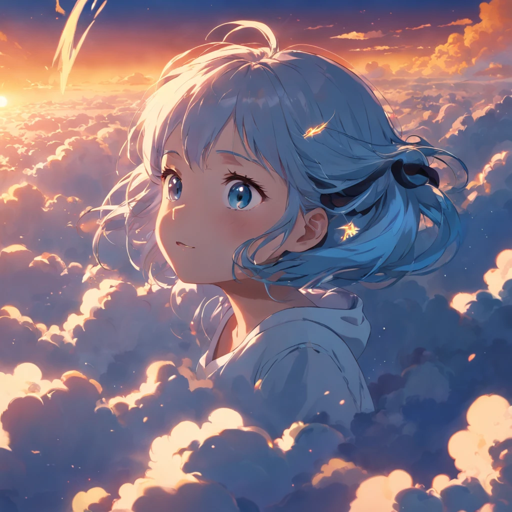 masterpiece, best quality, movie still, 1girl, cloud girl, floating in the sky, close-up, bright, happy, warm soft lighting, sunset, (sparks:0.7)