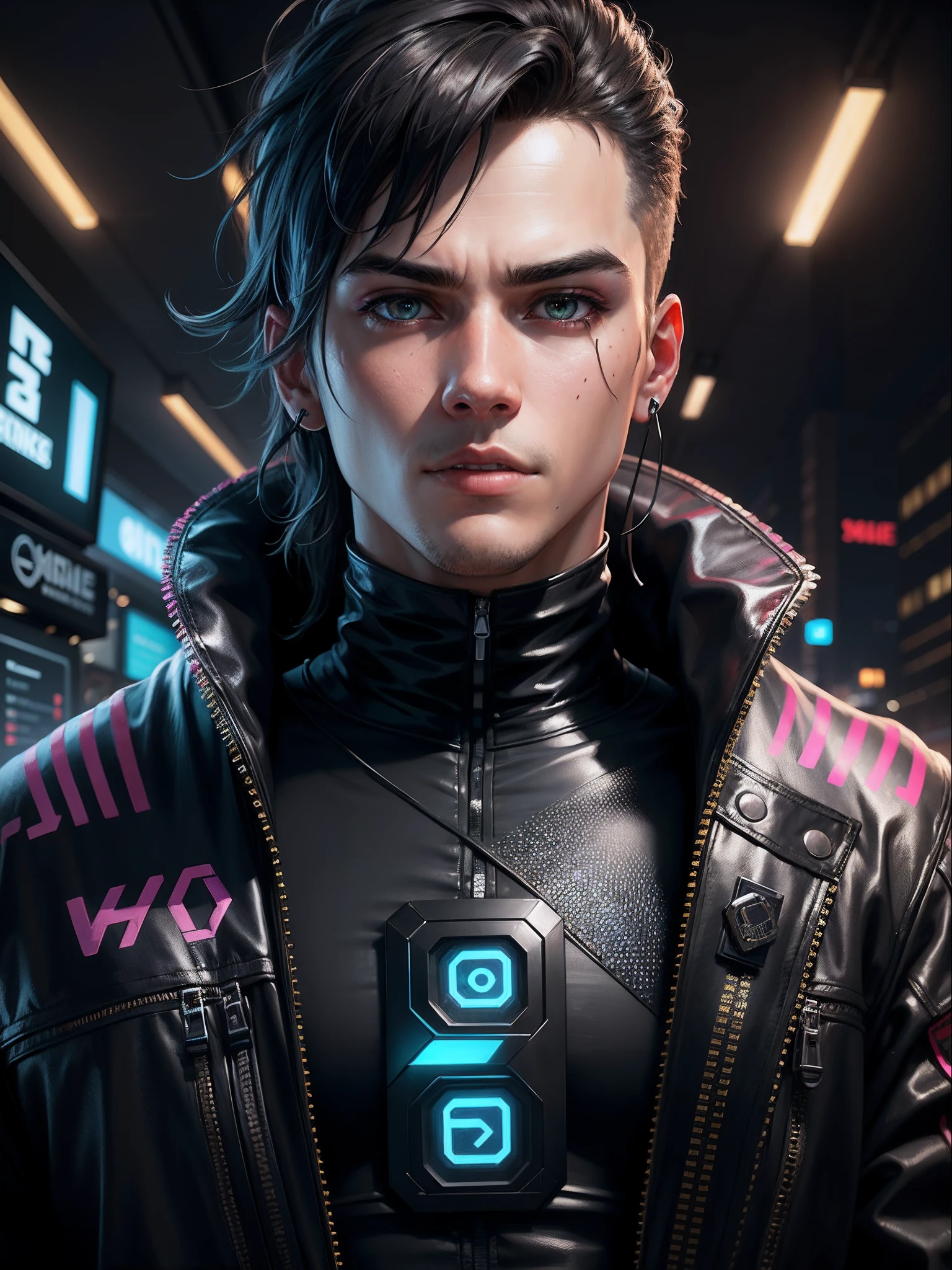 Cyberpunk, half-human, human-faced, other mechanical, handsome male