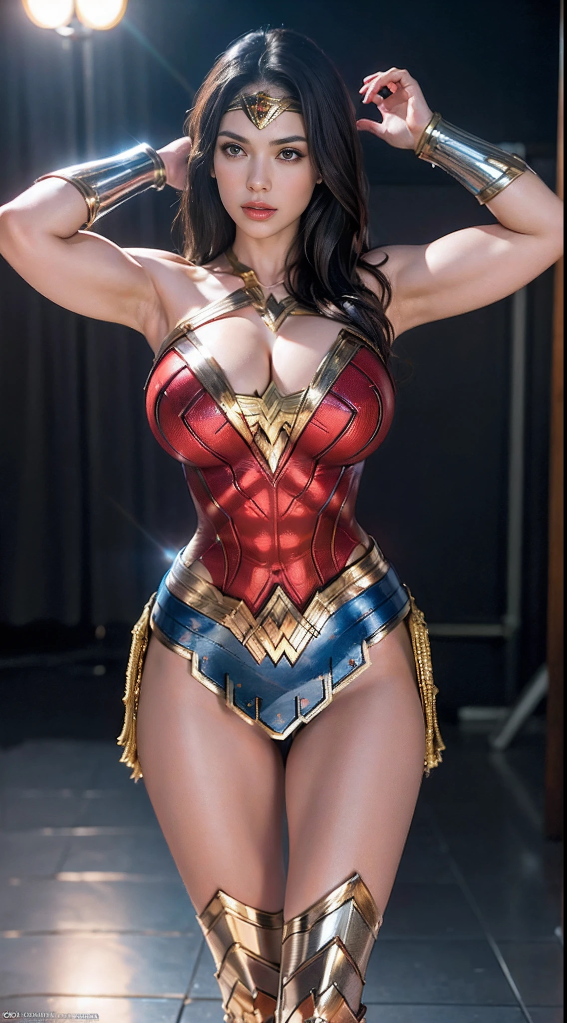 Woman body set largest breasts:1.4, (muscular body), wonder woman costume dress, armor, depth of field, cinematic lighting, reflection light, best quality, HD, 16k, anatomically correct, masterpiece, high quality, highres, UHD