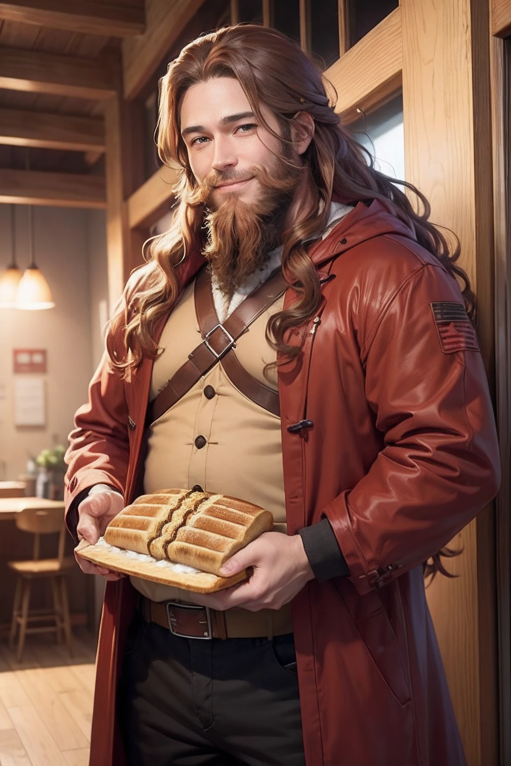 anime man, 42 years old, red-brown long hair, long curly hair, messy bread, brown-red bread, having a short beard, brown eyes, full beard, wearing red hokage coat, anime style, smiling, happy, little bit chubby, kind, masterpiece art, tustworthy